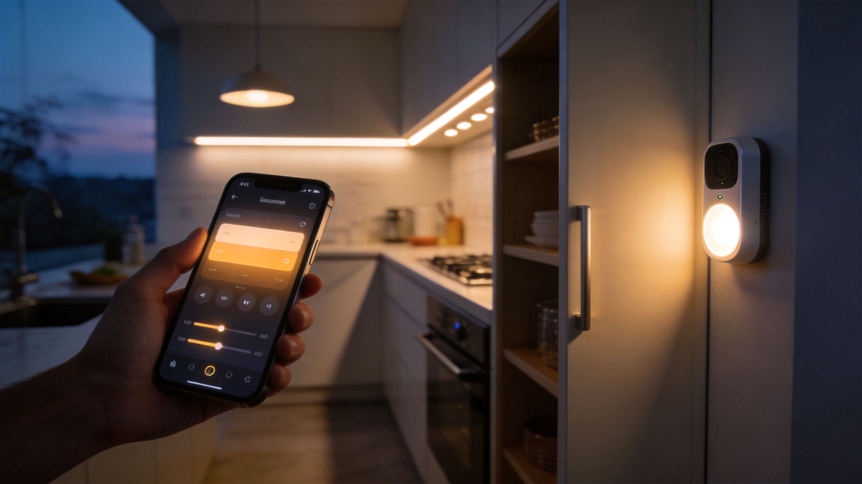 A Hand Holding A Smartphone Controlling Smart Lighting Features In A Contemporary, Warm-Lit Kitchen Interior.