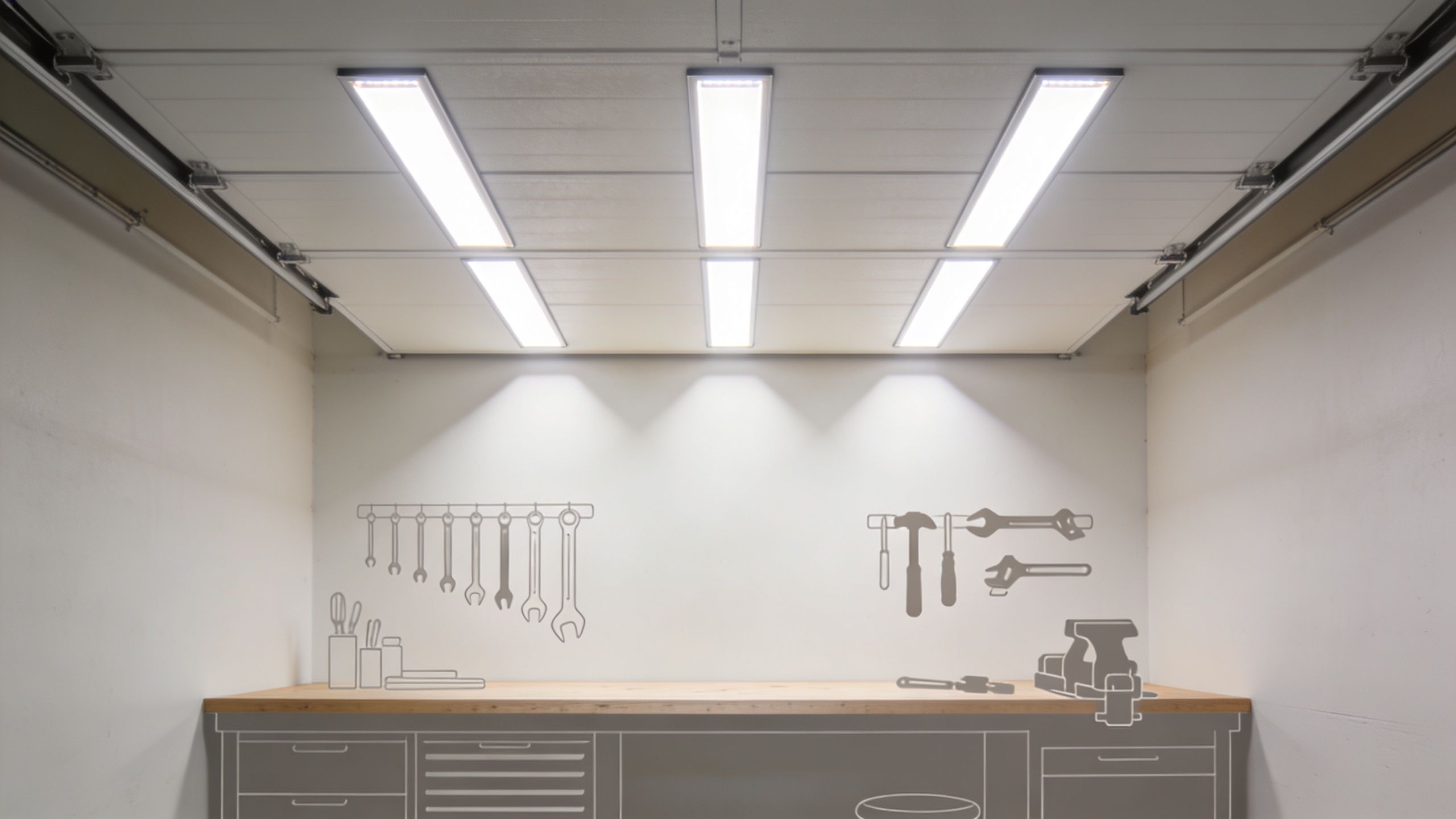 8 Top Garage Lighting Ideas For 2026 1 A Modern Garage Workspace Featuring A Wooden Workbench With Tool Illustrations And Bright Overhead Led Lighting Fixtures.