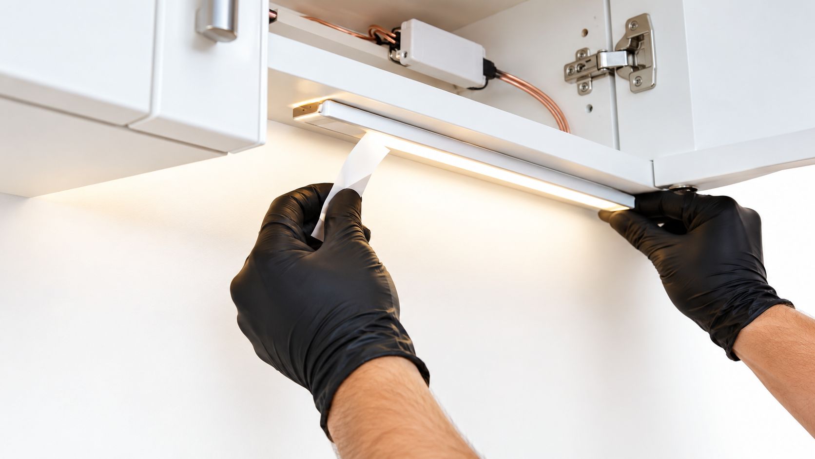 A Technician Wearing Black Gloves Installs An Led Under Cabinet Lighting Strip In A Modern Kitchen.