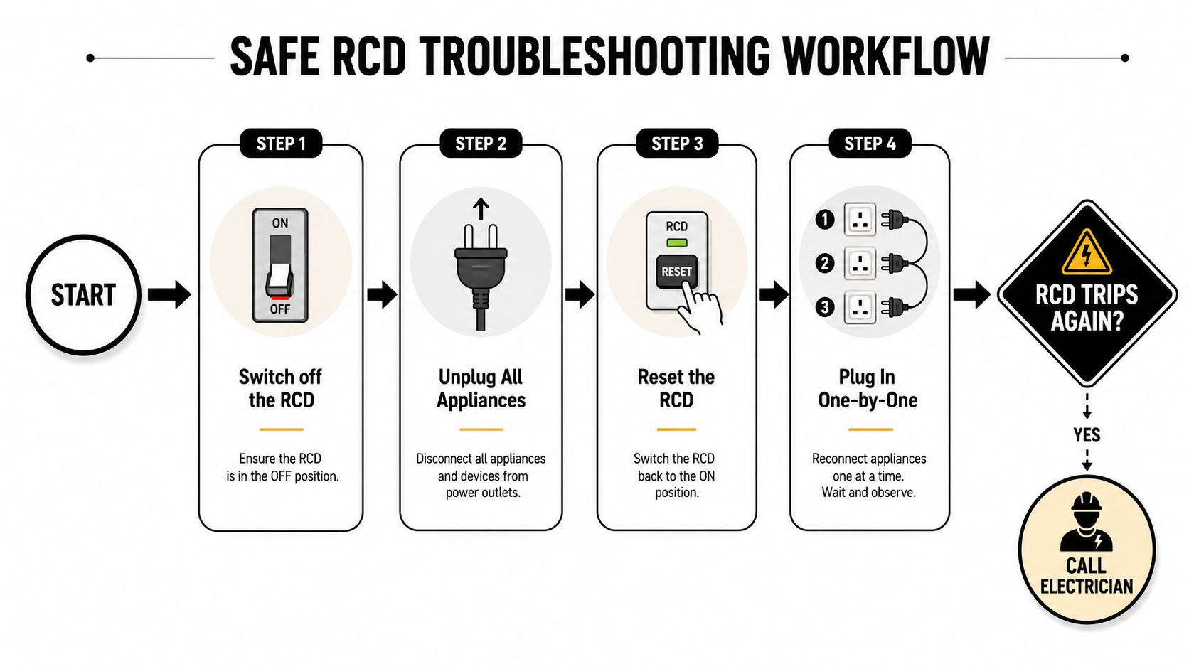An Infographic Showing A Four-Step Safe Troubleshooting Workflow For When An Rcd Keeps Tripping.