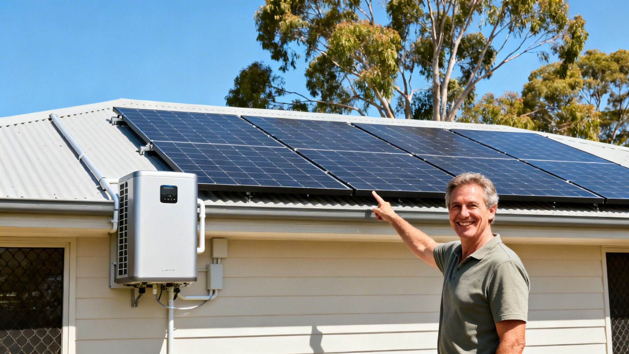 A Smiling Man Points To Solar Panels And A Modern Home Energy System On A House.