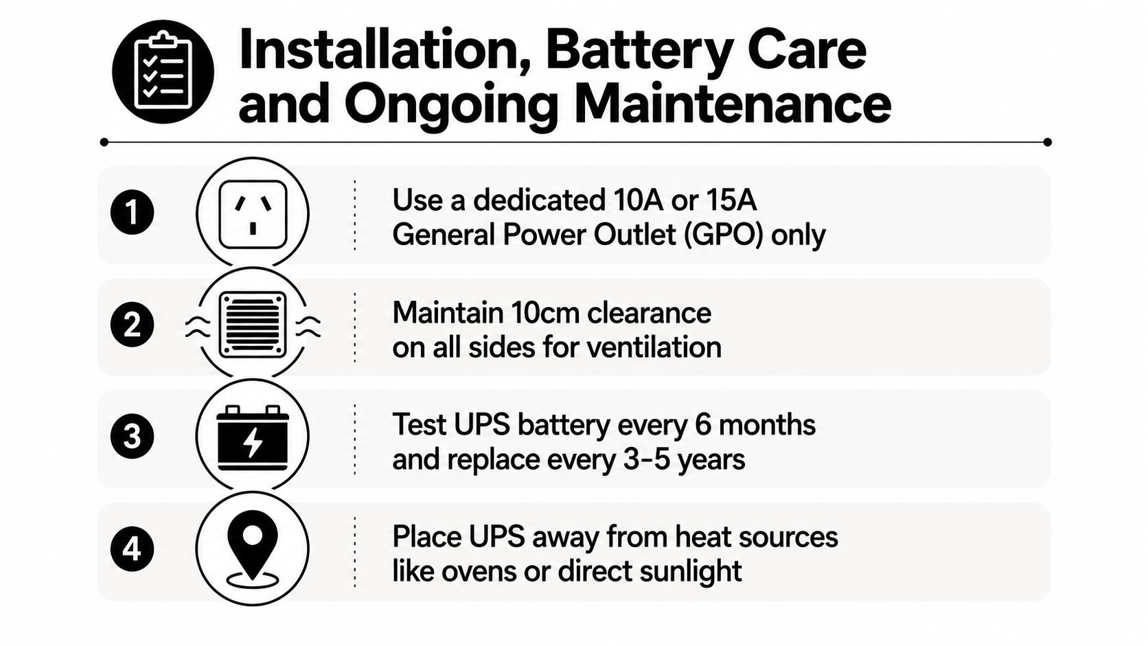 An Infographic Showing Four Essential Installation And Maintenance Steps For An Uninterruptible Power Supply System.
