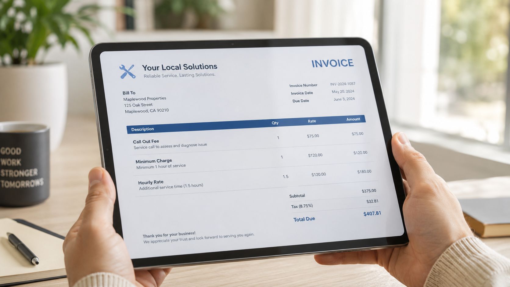 A Person Holding A Tablet Displaying A Digital Service Invoice For Repair Work On A Desk.