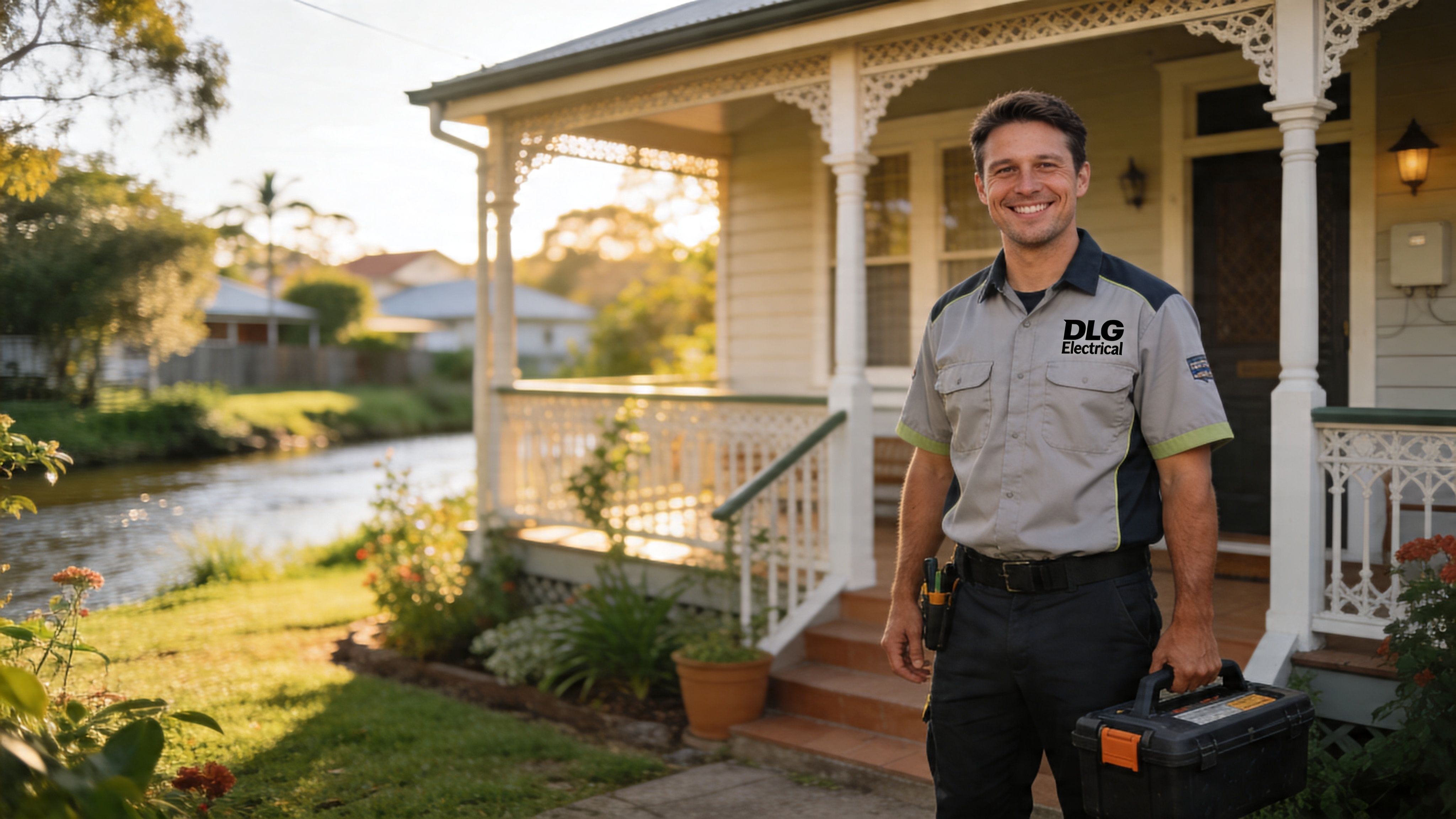 A Smiling Electrician Wearing A Uniform Stands In Front Of A Residential House With A River View.