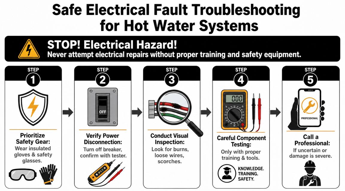 A Five-Step Safety Infographic Demonstrating The Correct Procedure For Troubleshooting Hot Water System Electrical Faults.