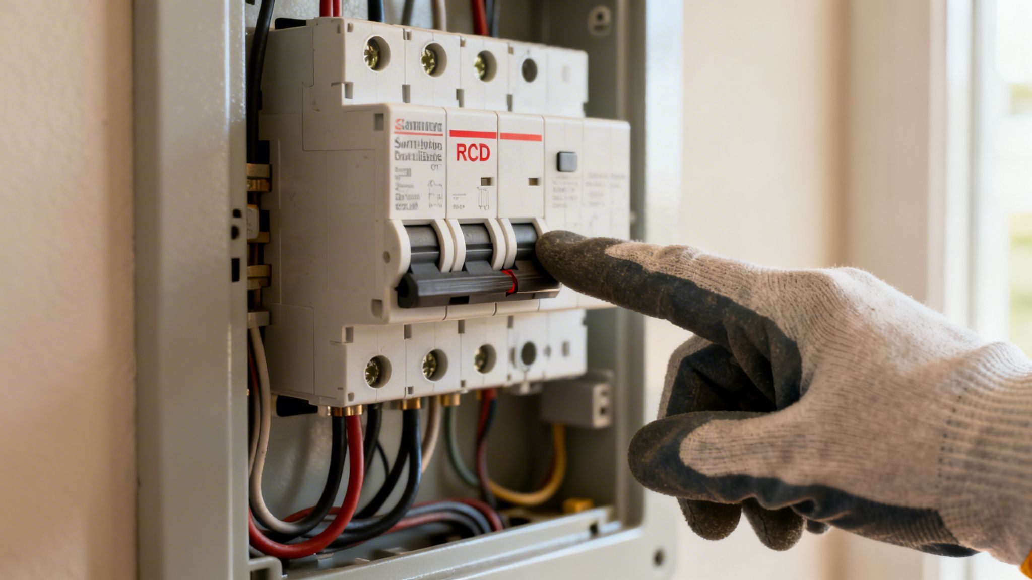 A Gloved Hand Switches A Circuit Breaker In An Rcd Electrical Panel, Showing Safety Work.