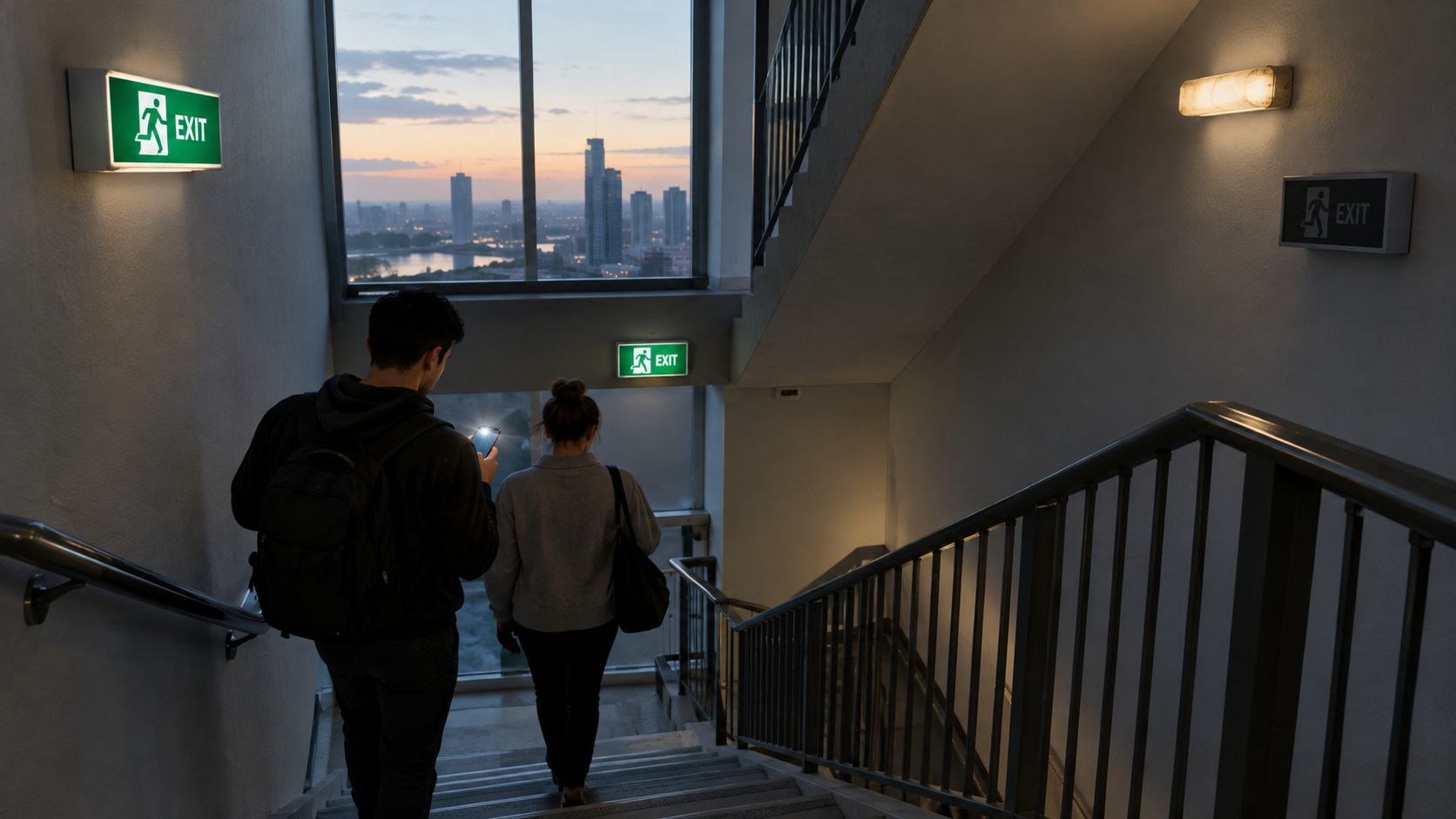 Checking Emergency Lighting: A Practical Guide For 2026 1 A Couple Walks Down A Dimly Lit Staircase Inside A Building During A City Sunset