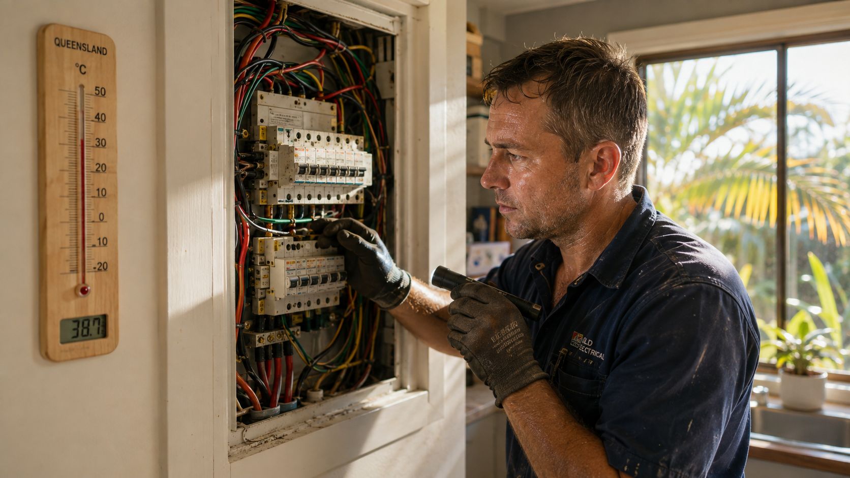 An Electrician Wearing Gloves Uses A Flashlight To Inspect Wiring Inside A Residential Electrical Distribution Board.