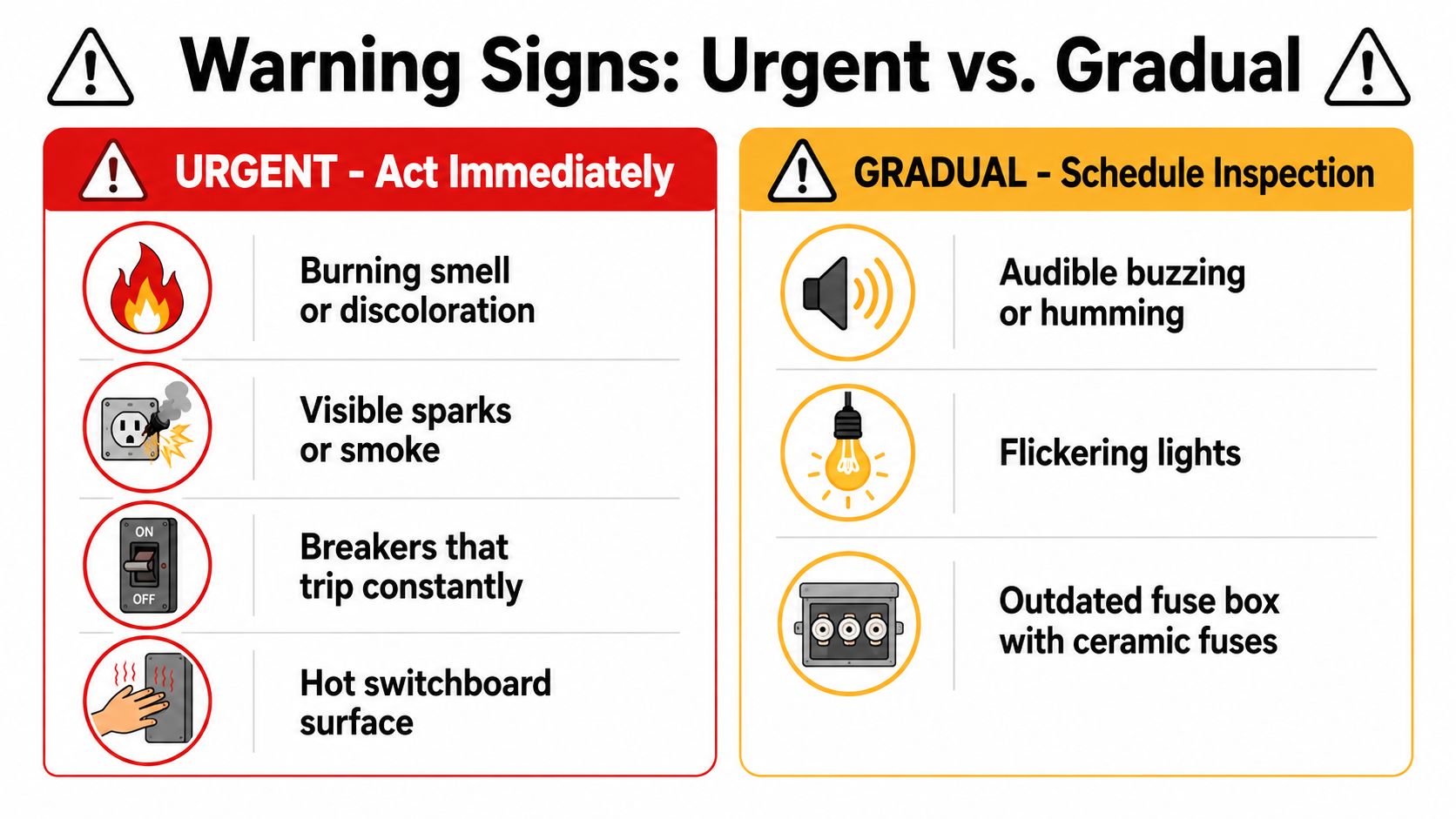 A Safety Infographic Contrasting Urgent Electrical Warning Signs Requiring Immediate Action With Gradual Signs Needing Inspection.