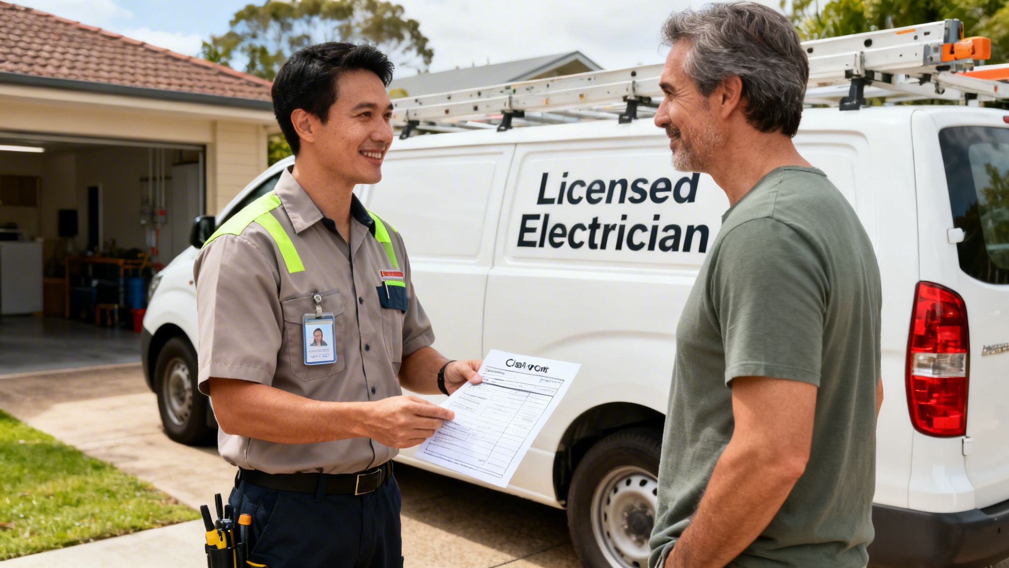 A Smiling Licensed Electrician In Uniform Hands A Document To A Customer In Front Of A Service Van.