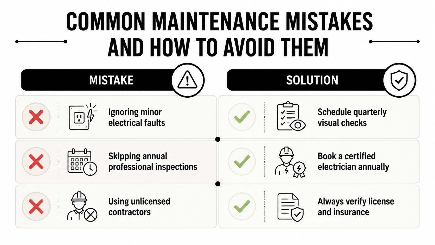 A Table Comparing Common Electrical Maintenance Mistakes With Their Respective Professional Solutions For Home Property Safety.