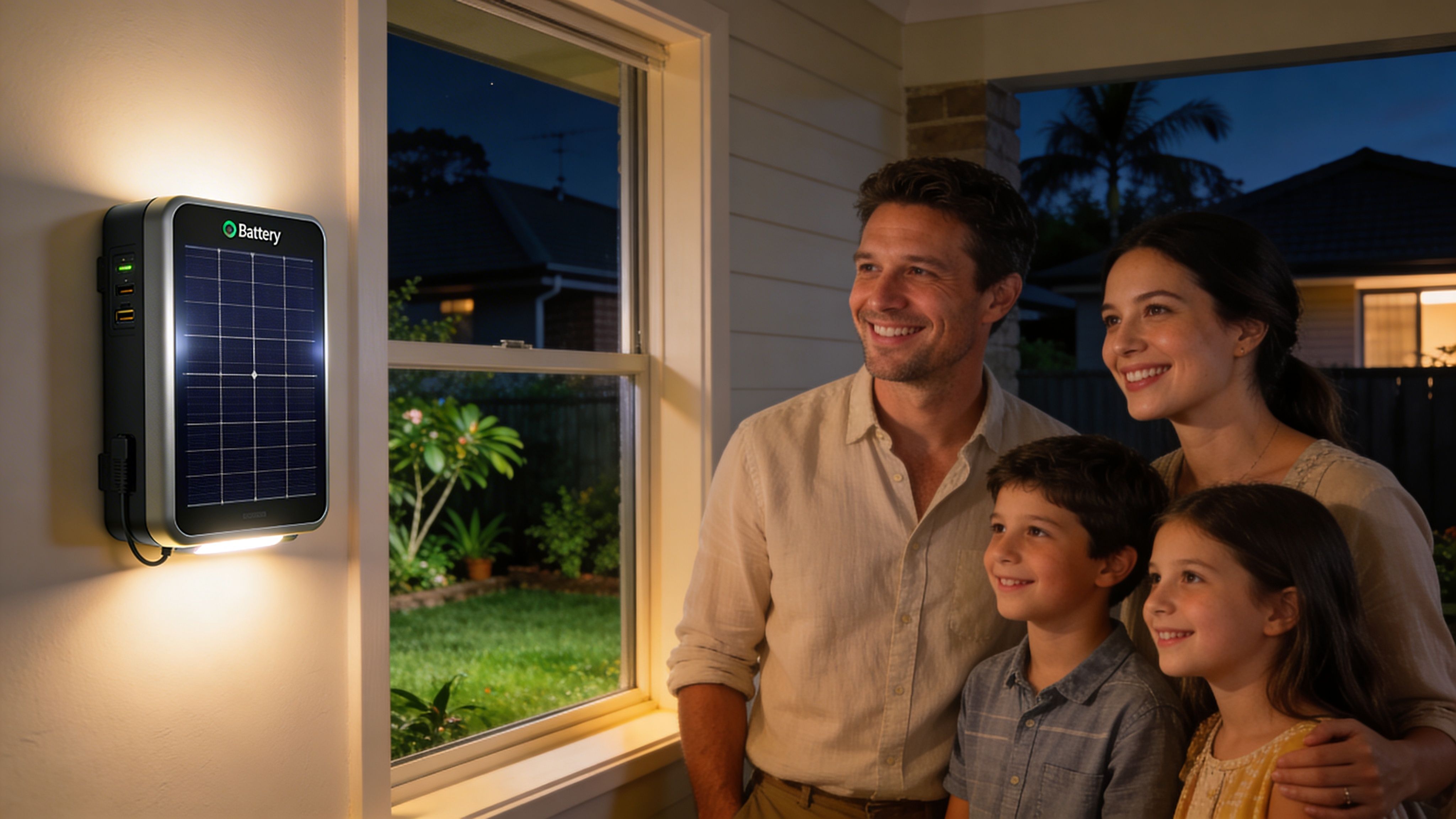 Are Solar Batteries Worth It? A Brisbane Guide (2026) 3 A Happy Family Watches The Sunset Through A Window While A Solar Battery Charges On The Wall.