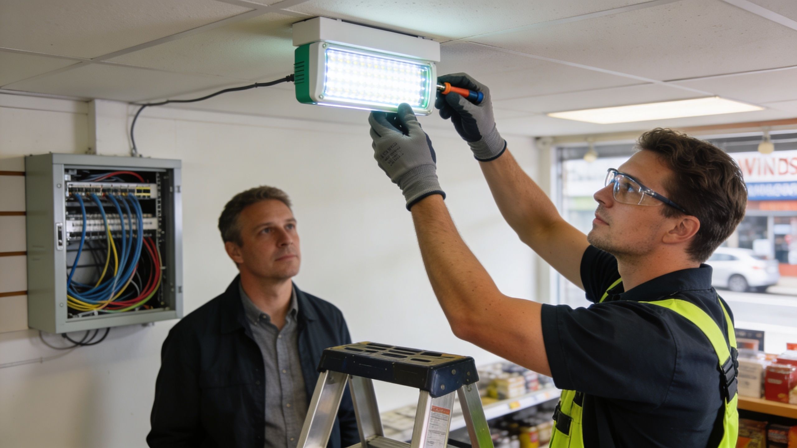 A Professional Electrician Standing On A Ladder Installing An Emergency Light Fixture While A Colleague Observes Nearby.