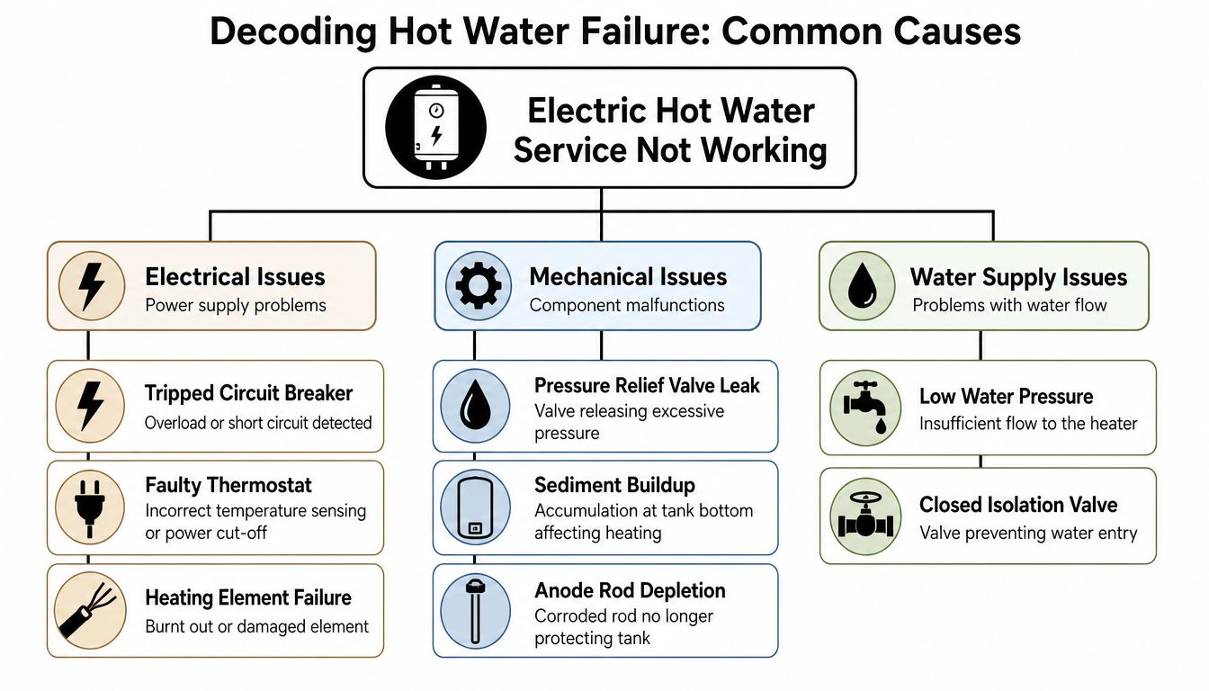 A Flowchart Detailing Common Causes Of Electric Hot Water Service Failure Including Electrical, Mechanical, And Supply Issues.