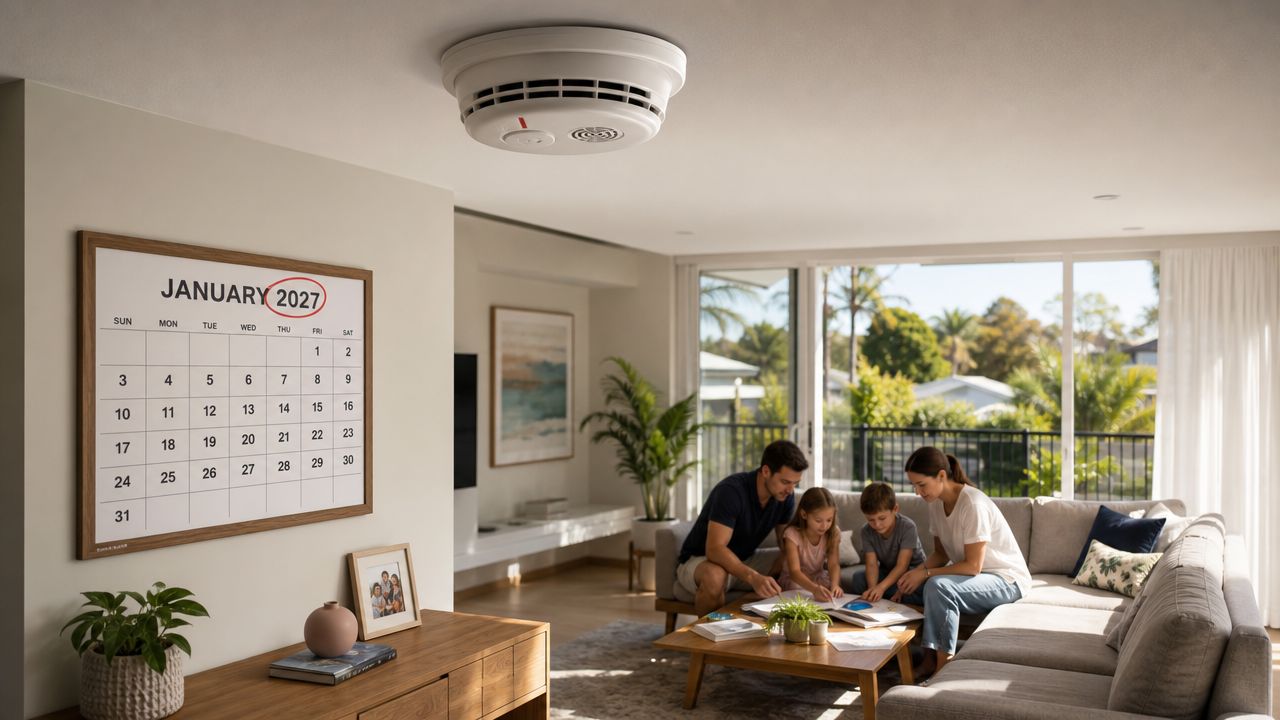 A Family Sits In A Modern Living Room Under A Smoke Detector Mounted On The Ceiling.