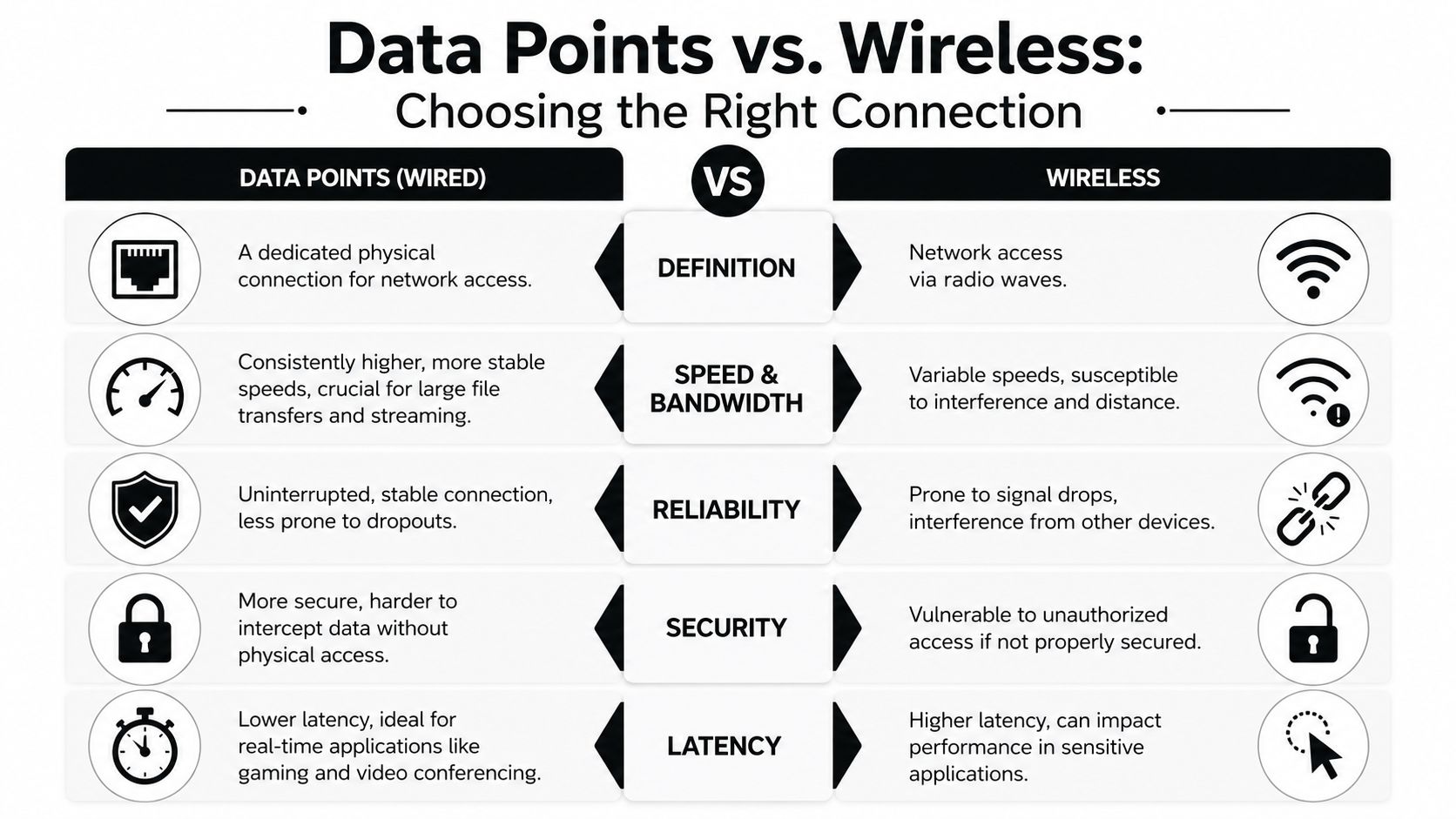 A Comparison Chart Outlining The Key Differences Between Wired Data Point Connections And Wireless Network Access.