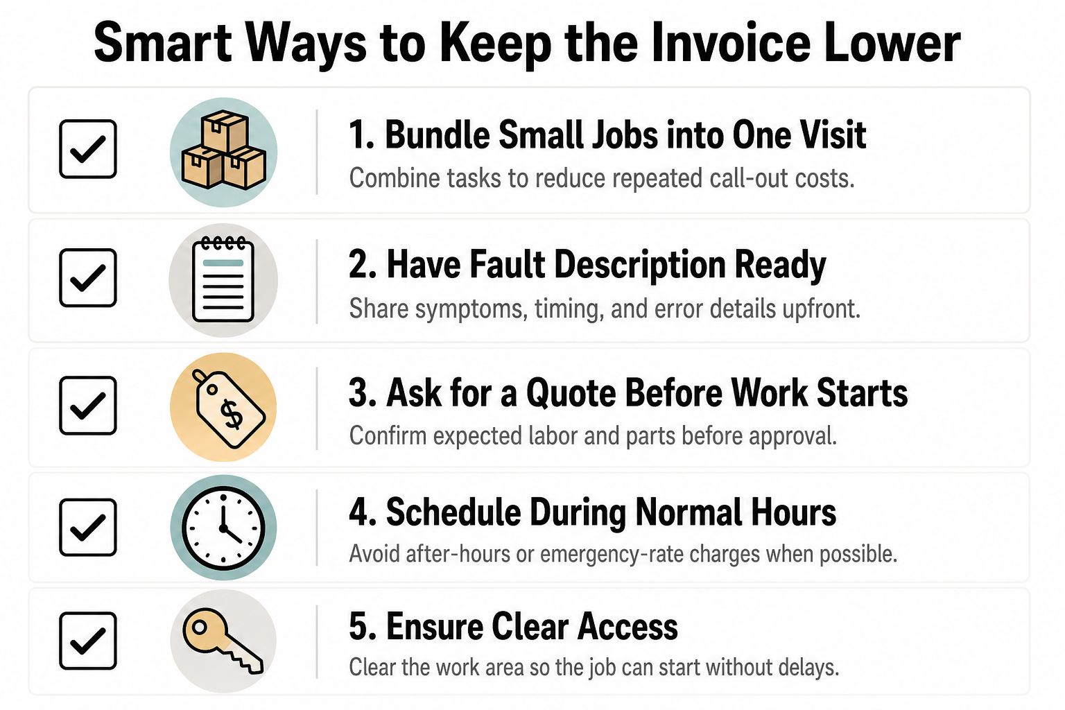 An Infographic Showing Five Smart Tips To Reduce Service Invoice Costs For Home Maintenance Or Repairs.