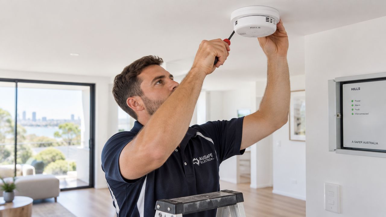A Professional Electrician Standing On A Ladder Installing A Smoke Alarm On The Ceiling Indoors.