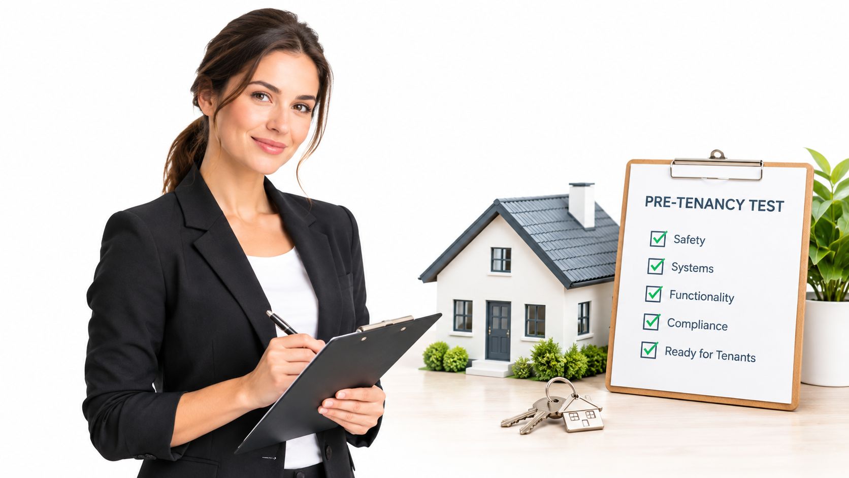 A Professional Property Manager Smiling While Filling Out A Pre-Tenancy Inspection Checklist Next To A House Model.
