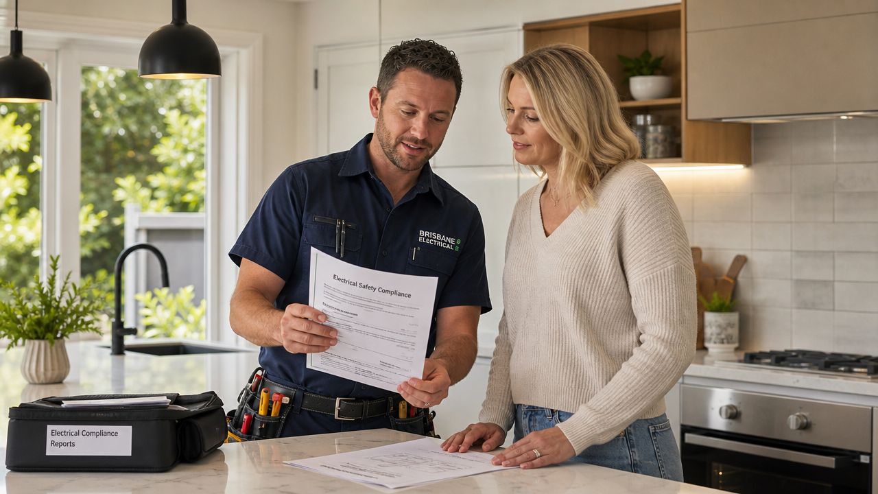 A Professional Brisbane Electrician Explaining An Electrical Safety Compliance Document To A Female Homeowner In A Kitchen.
