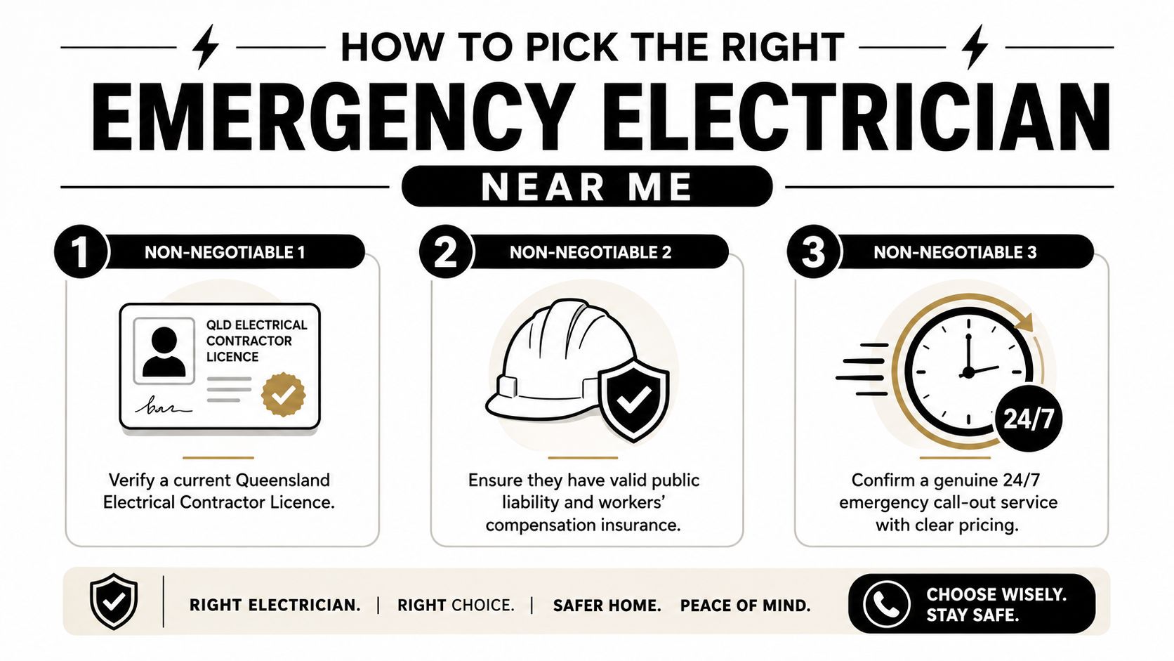 An Infographic Showing Three Essential Steps To Verify When Choosing A Professional Emergency Electrician Near You.