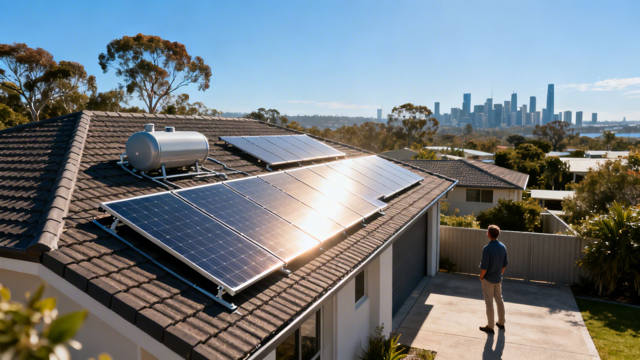 Man Viewing His House With Rooftop Solar Panels And Hot Water System, Overlooking A City Skyline.
