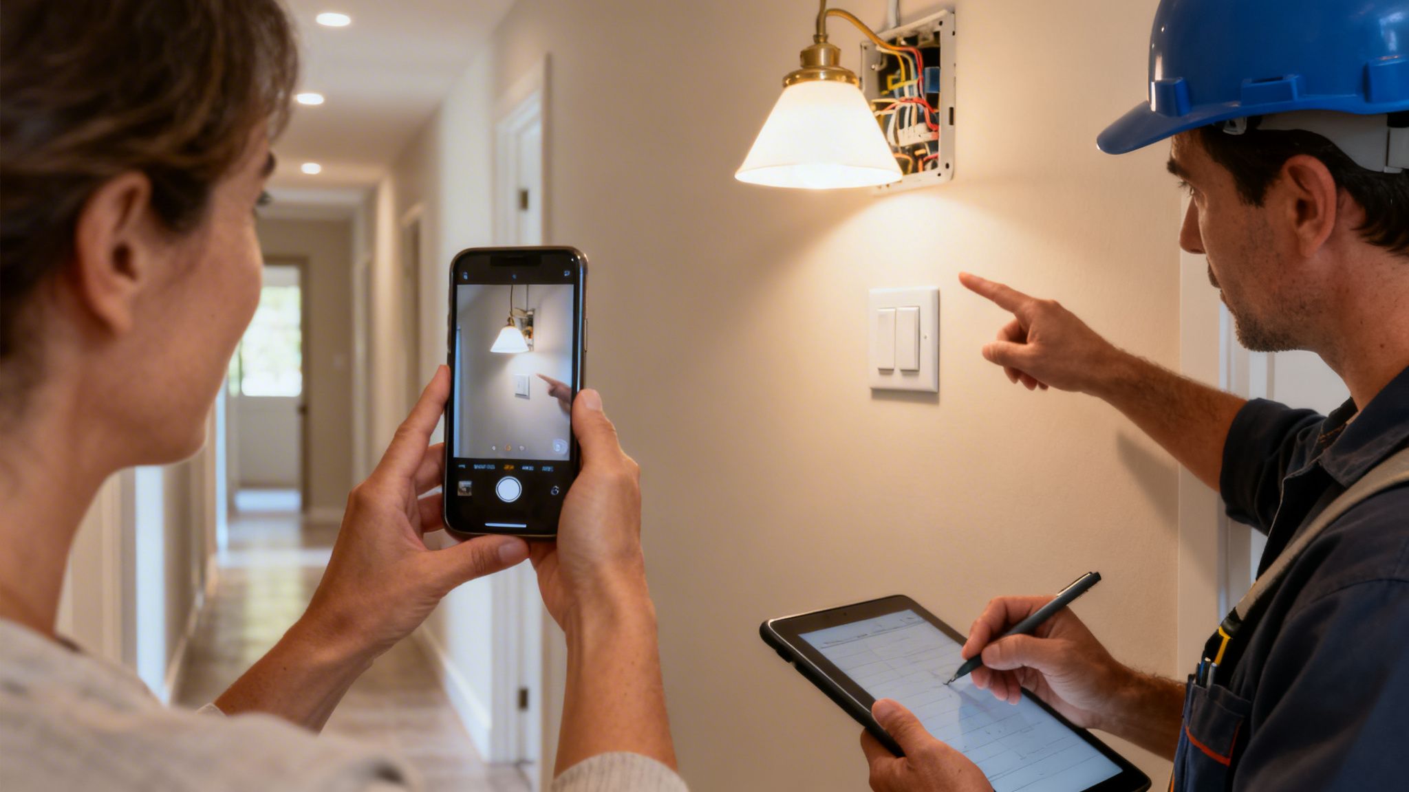 A Woman Photographs Electrical Work As An Electrician Points At Light Switches And Uses A Tablet.
