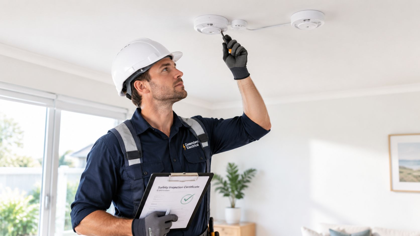 A Professional Electrician Inspecting Smoke Alarms On A Ceiling While Holding A Safety Inspection Certificate Clipboard.