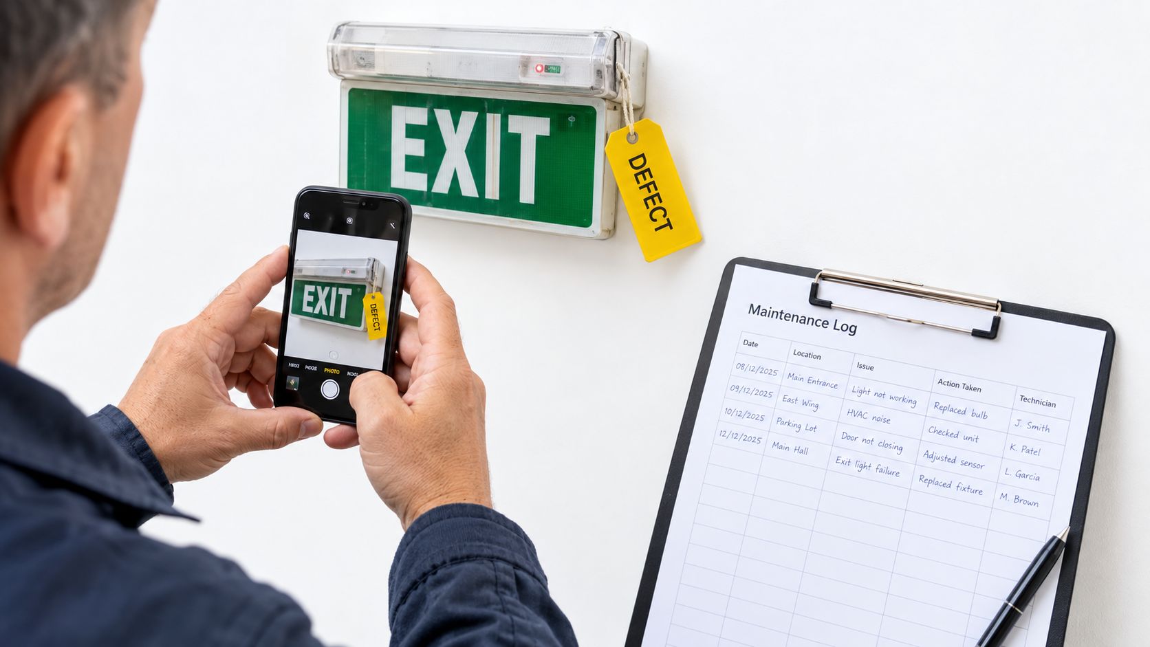 Checking Emergency Lighting: A Practical Guide For 2026 3 A Maintenance Technician Uses A Smartphone To Document A Defective Exit Sign For Inspection Records.