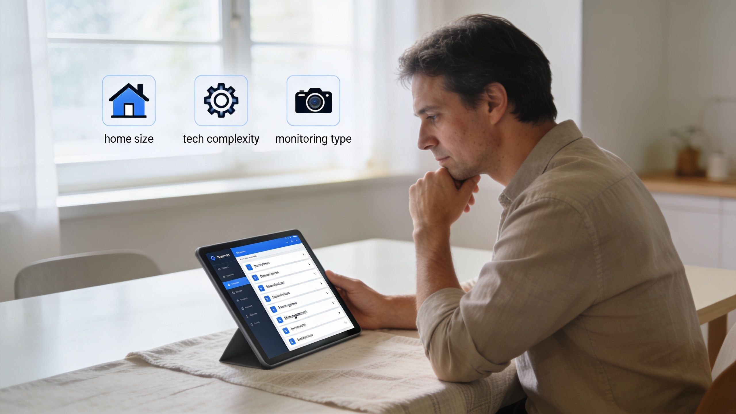A Man Thoughtfully Looking At A Tablet Showing Home Security System Options And Configurations At A Table.