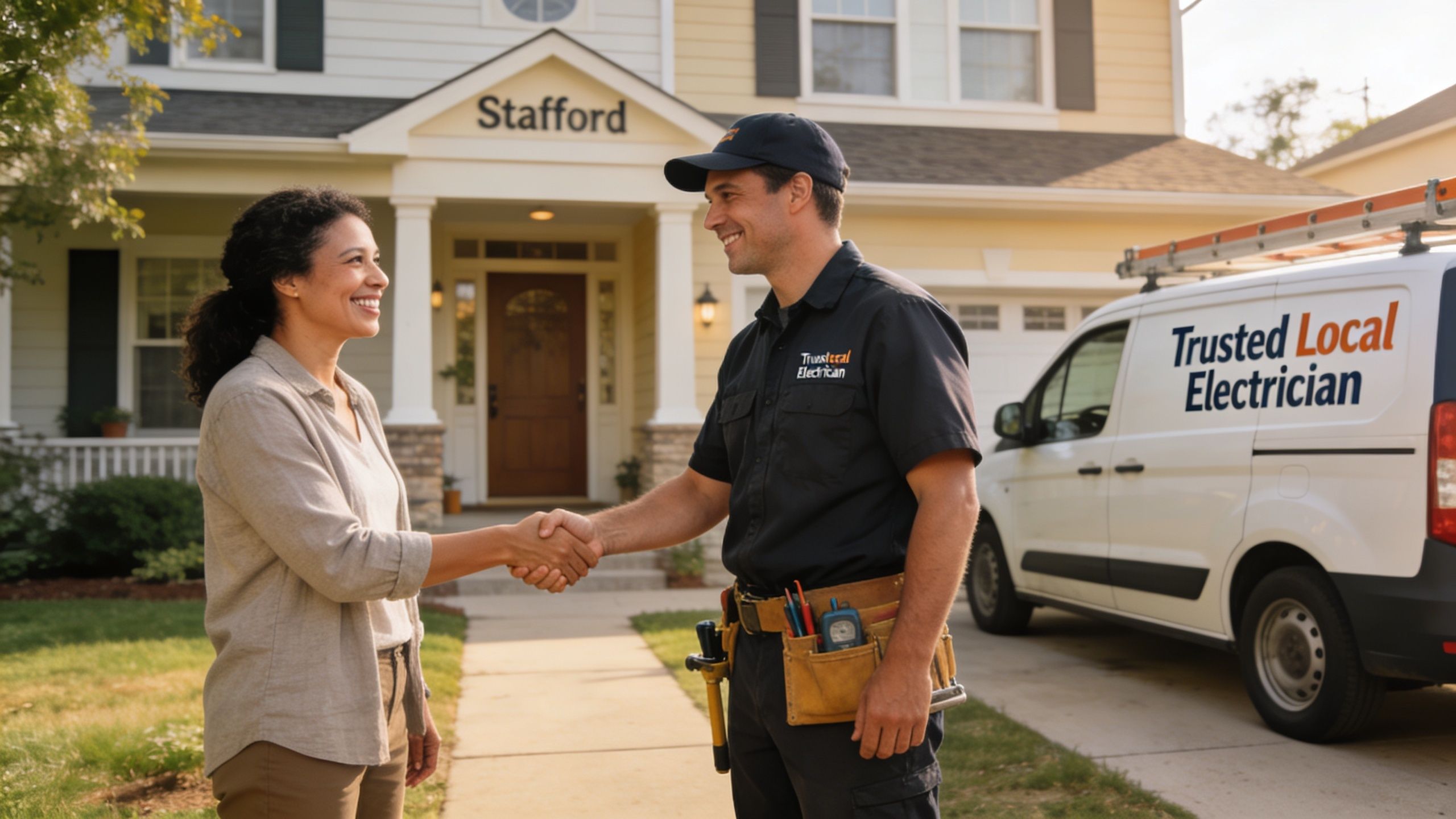 A Friendly Electrician Shaking Hands With A Happy Female Customer Outside A Residential Home In Stafford.