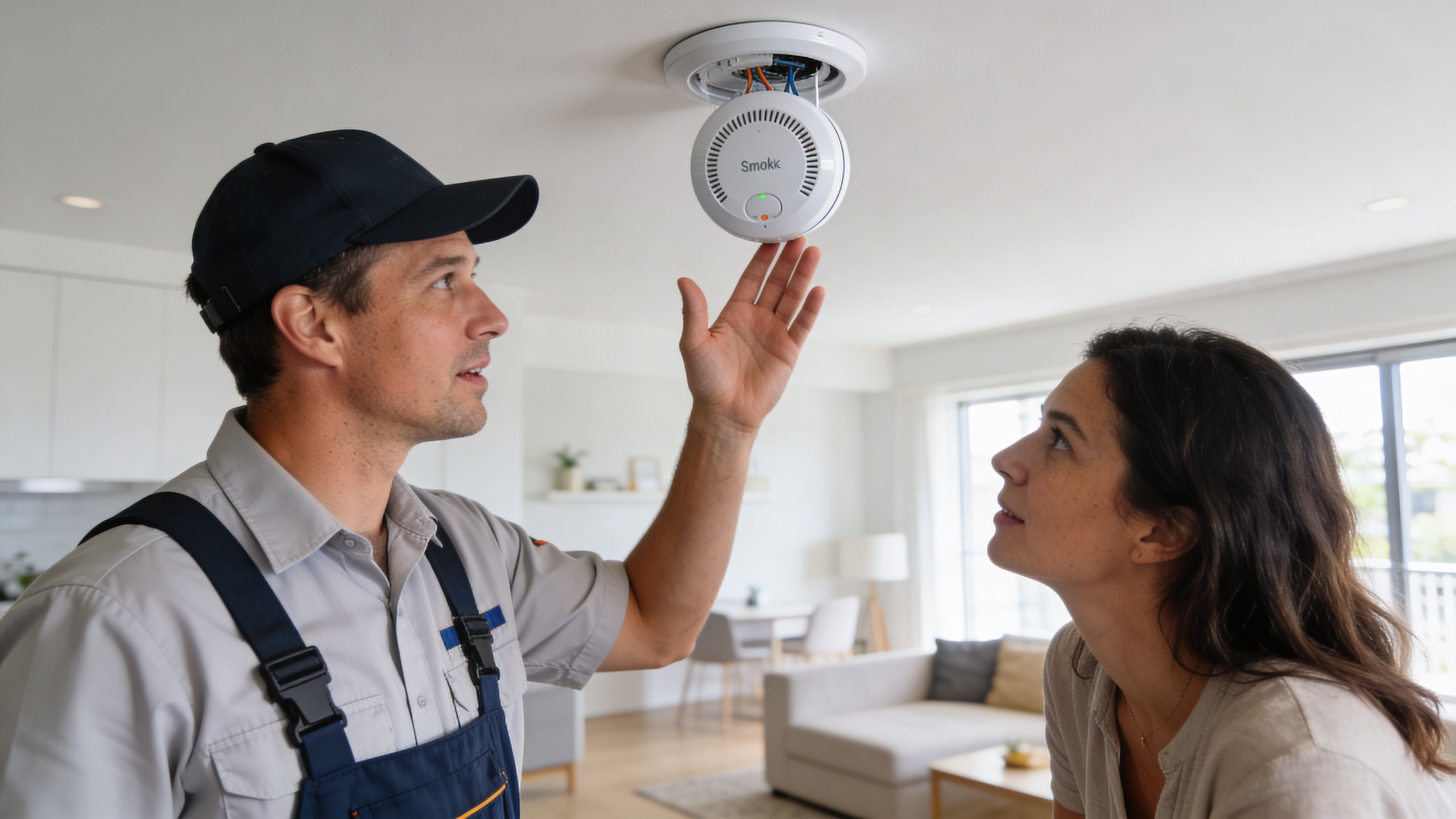 A Professional Electrician Installing A Smoke Alarm On A Ceiling While Explaining The Process To A Homeowner.
