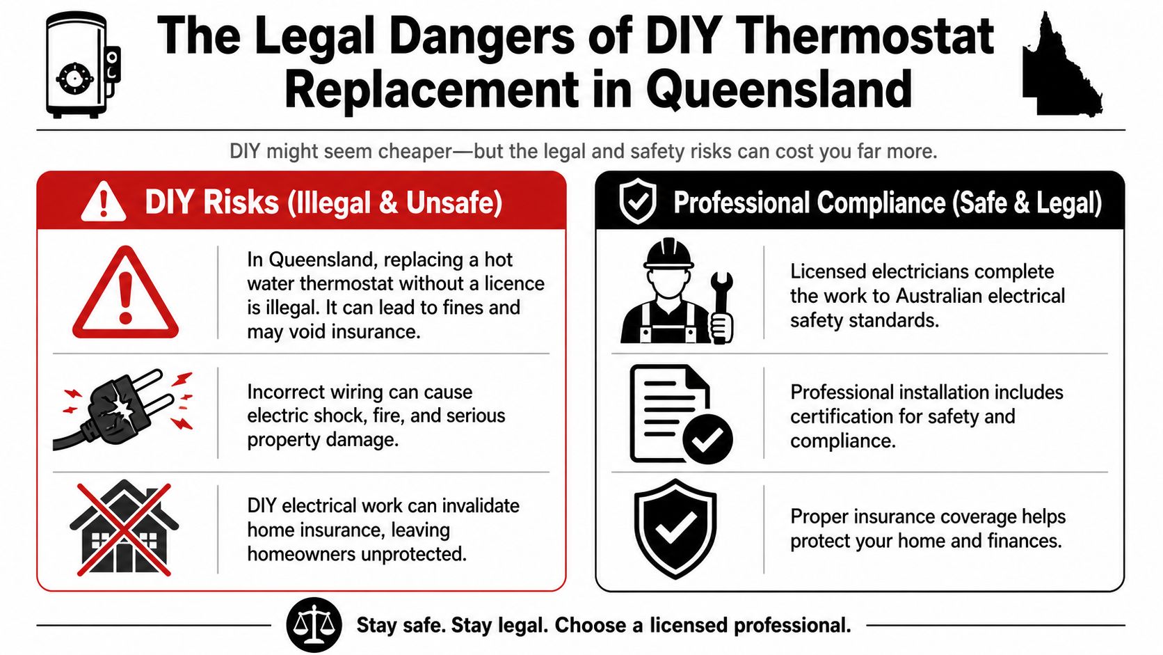 An Infographic Highlighting The Safety And Legal Dangers Of Diy Electric Hot Water Thermostat Replacement In Queensland.