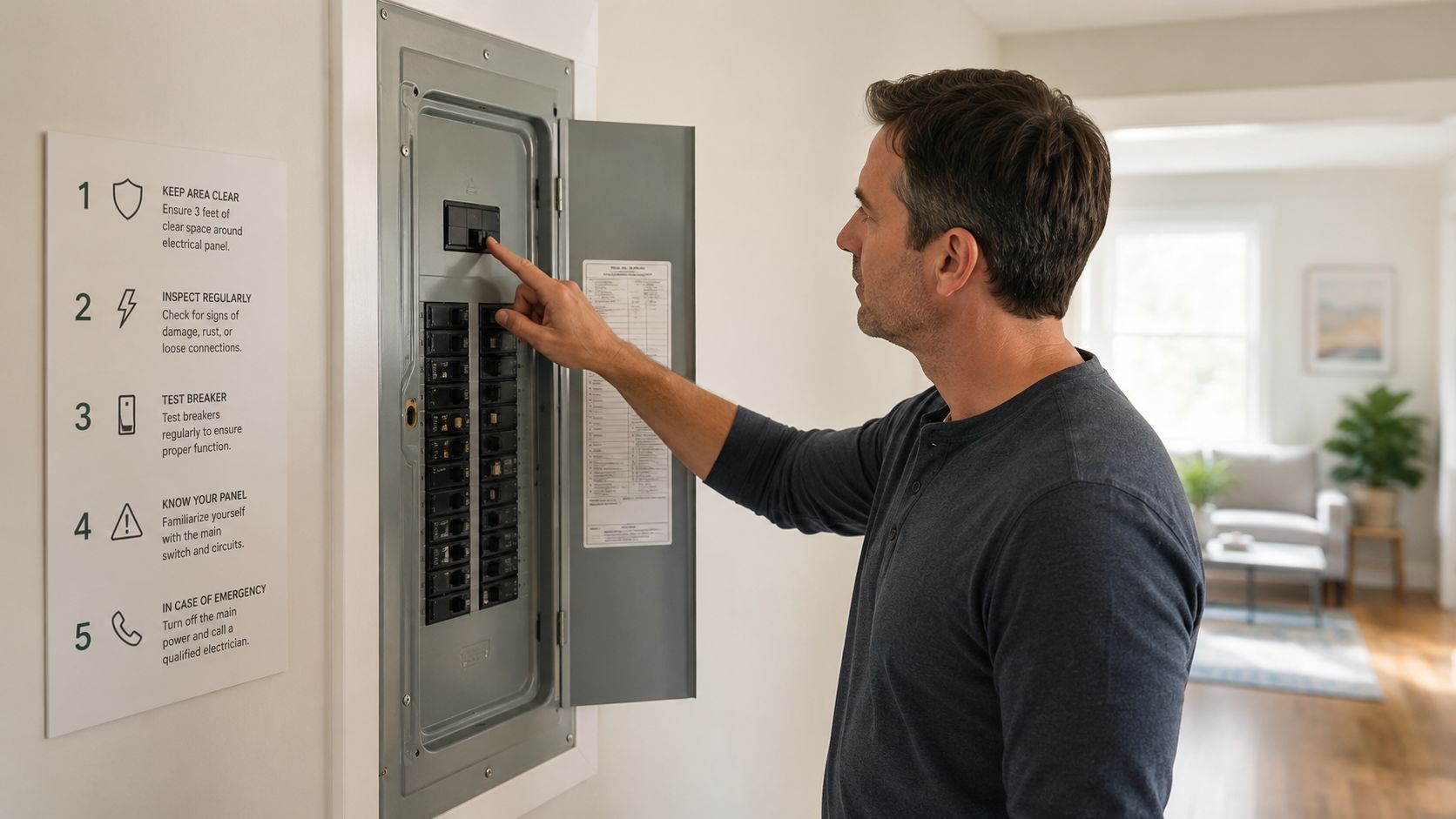 A Man Inspecting An Electrical Panel In His Home With Safety Instructions Posted On The Wall Nearby.