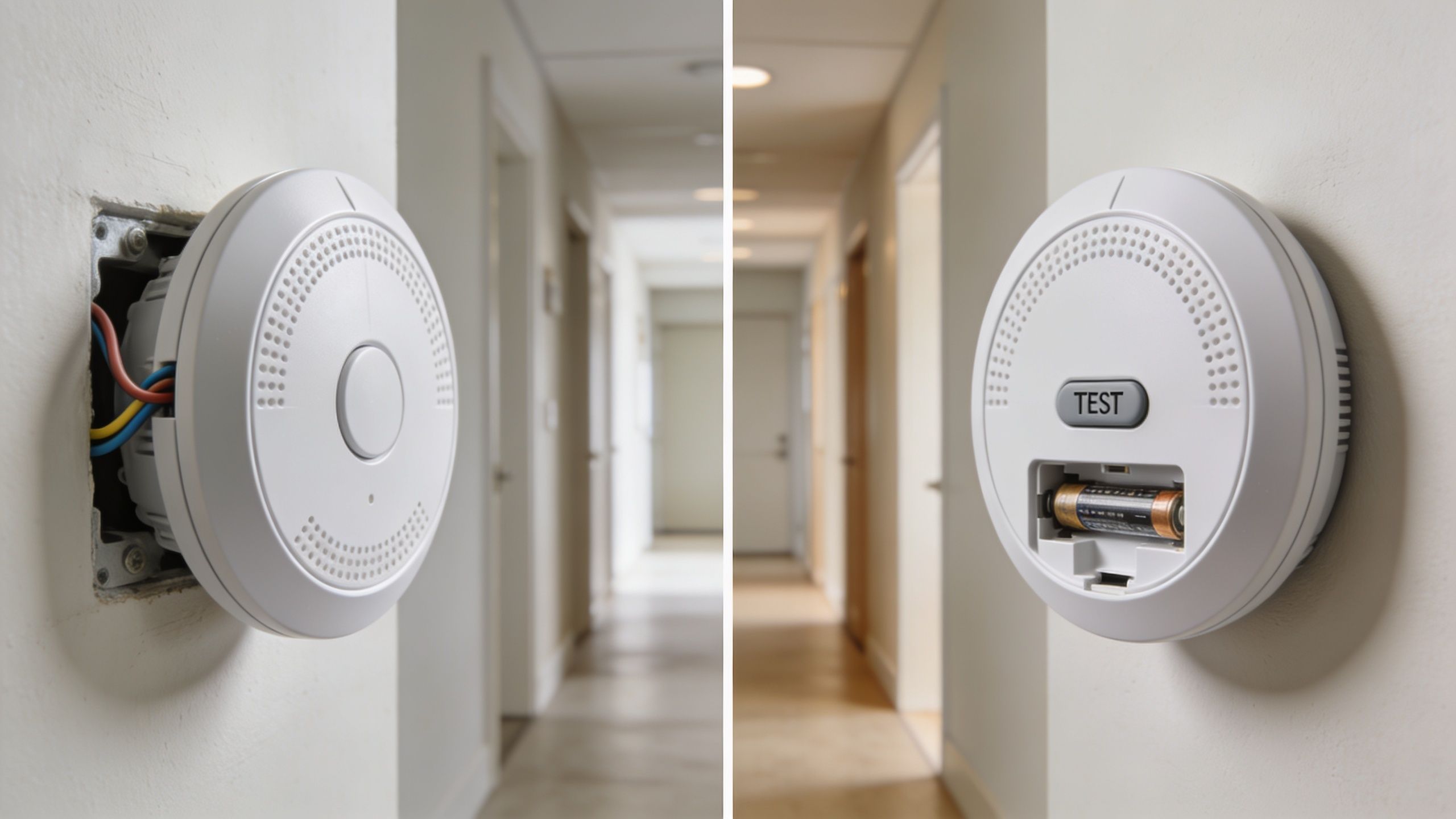 A Split View Showing Two Smoke Alarms Installed On A Wall, One Hardwired And One Battery-Operated.
