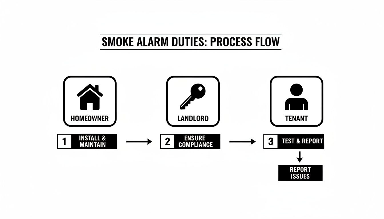 A Flow Chart Illustrating Smoke Alarm Duties For Homeowners, Landlords, And Tenants, Detailing Their Responsibilities.