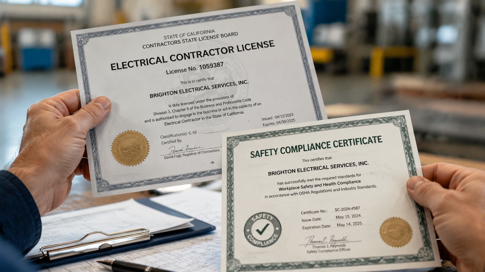 A Person Holding An Electrical Contractor License And A Safety Compliance Certificate In Their Hands.