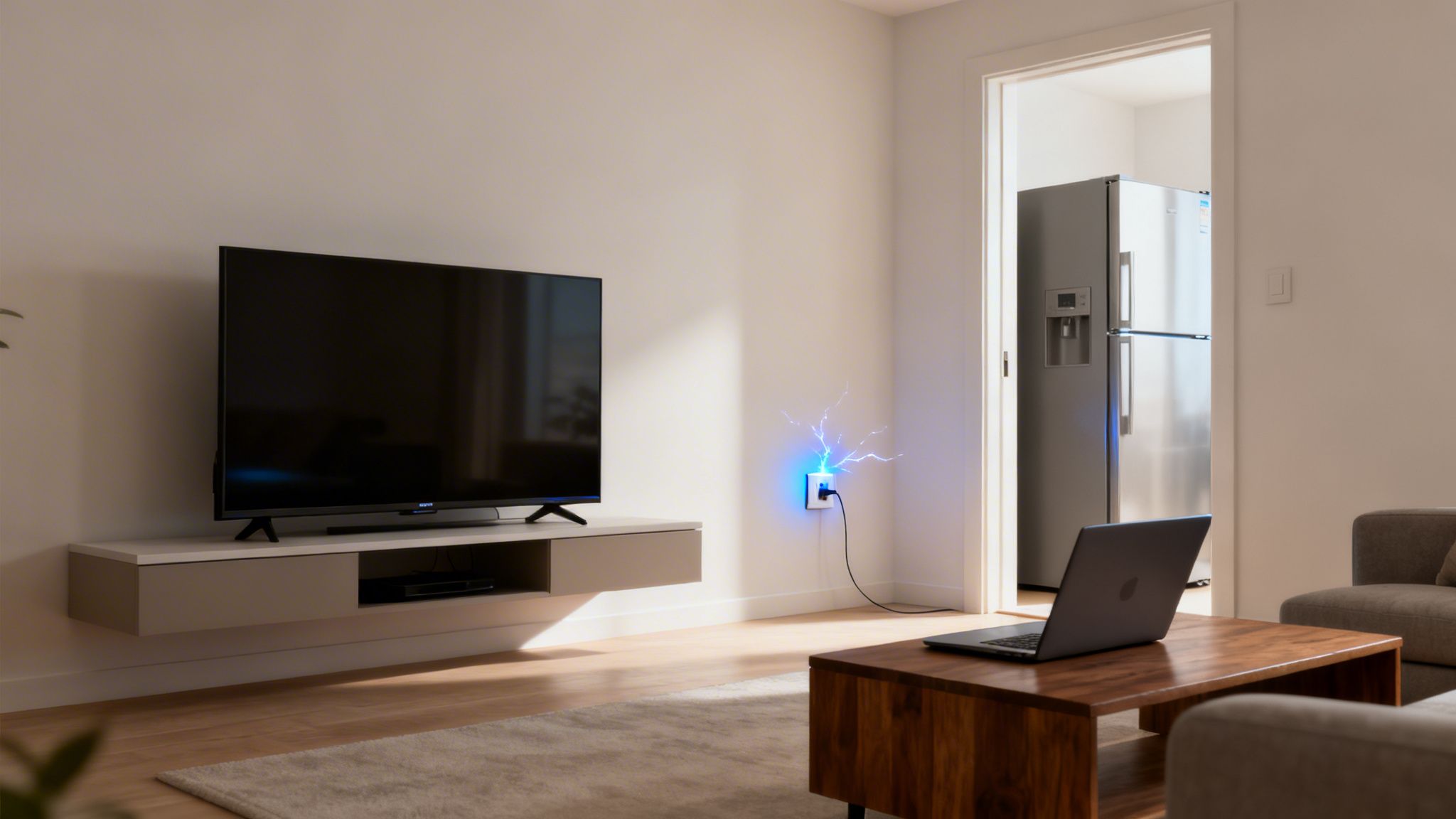 A Modern Living Room Showing A Tv, Laptop, And A Wall Outlet With Blue Electric Arcs From A Power Surge.