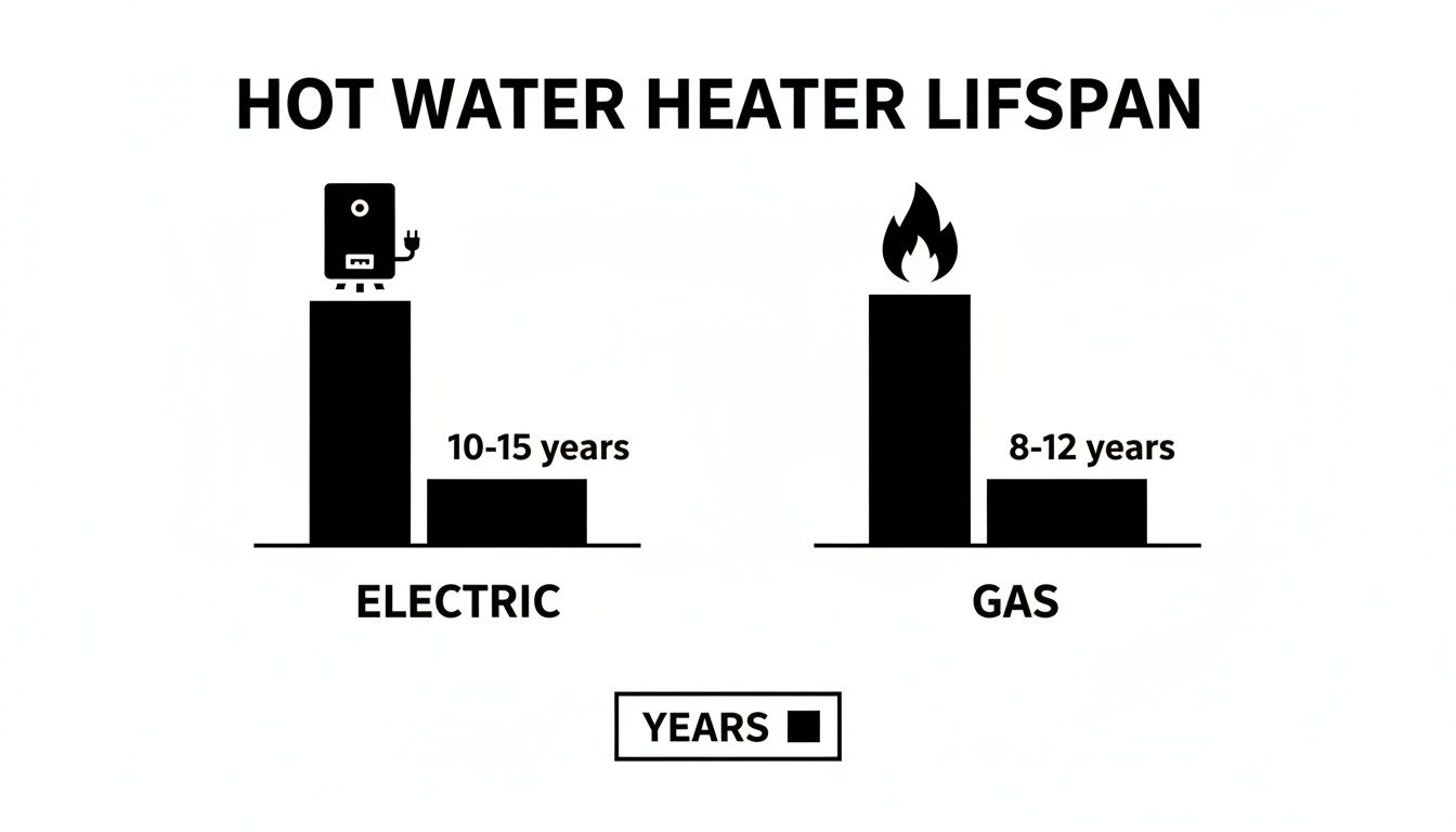 How Long Do Hot Water Systems Last? A Quick Guide To Electric, Gas, And Solar 1 Bar Chart Illustrating The Lifespan Of Hot Water Heaters: Electric Heaters Last 10-15 Years, And Gas Heaters Last 8-12 Years.