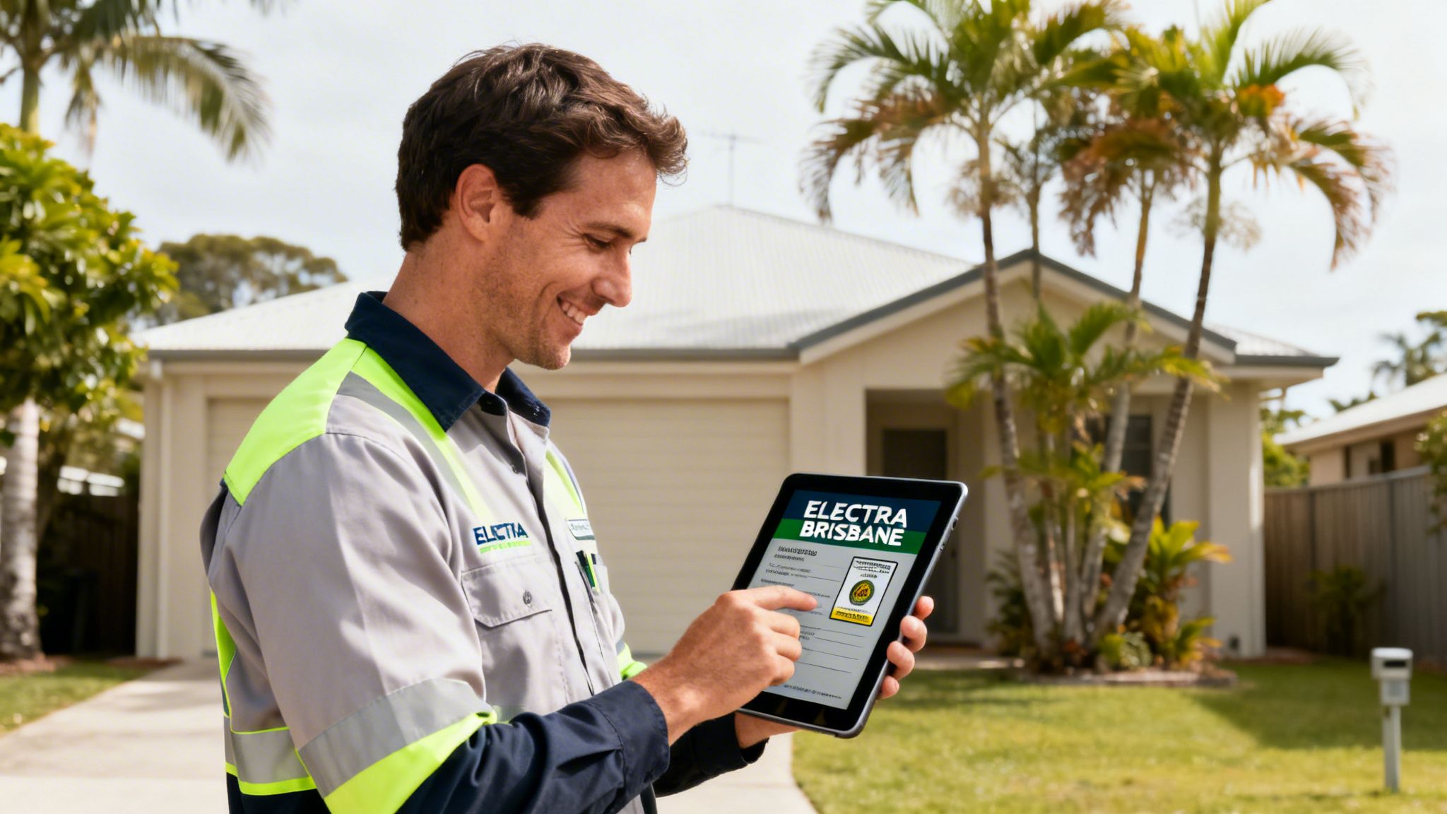 A Smiling Electrician In Uniform Uses A Digital Tablet For Field Service In Front Of A Suburban House.