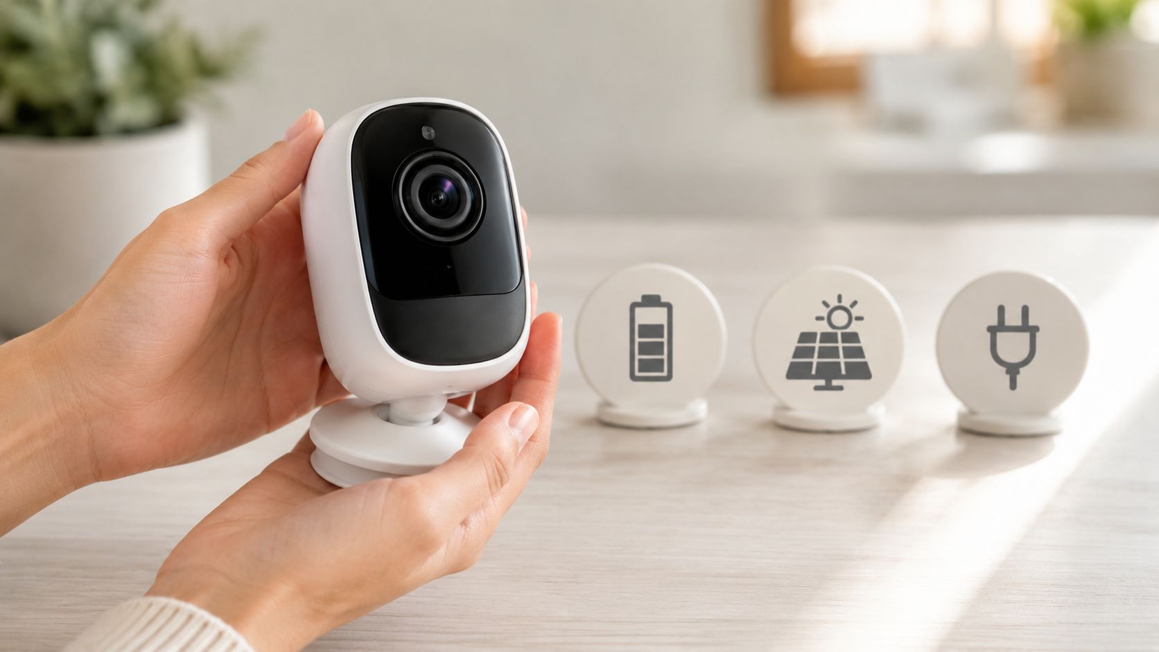 A Person Holding A Modern Wireless Home Security Camera Next To Battery, Solar, And Power Icons.