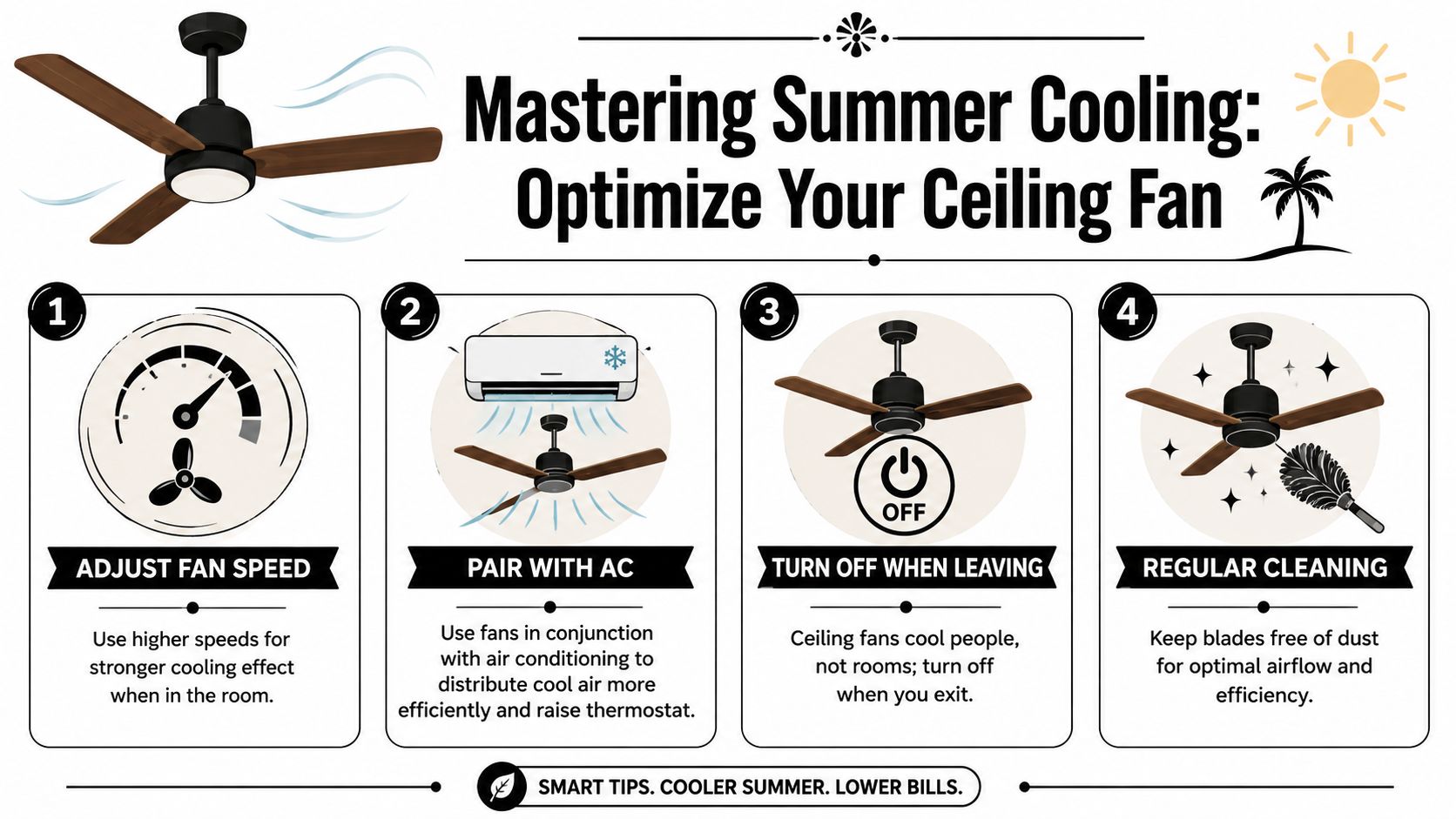 An Infographic Illustrating Four Practical Tips For Maximizing Cooling Efficiency With Ceiling Fans During The Summer.