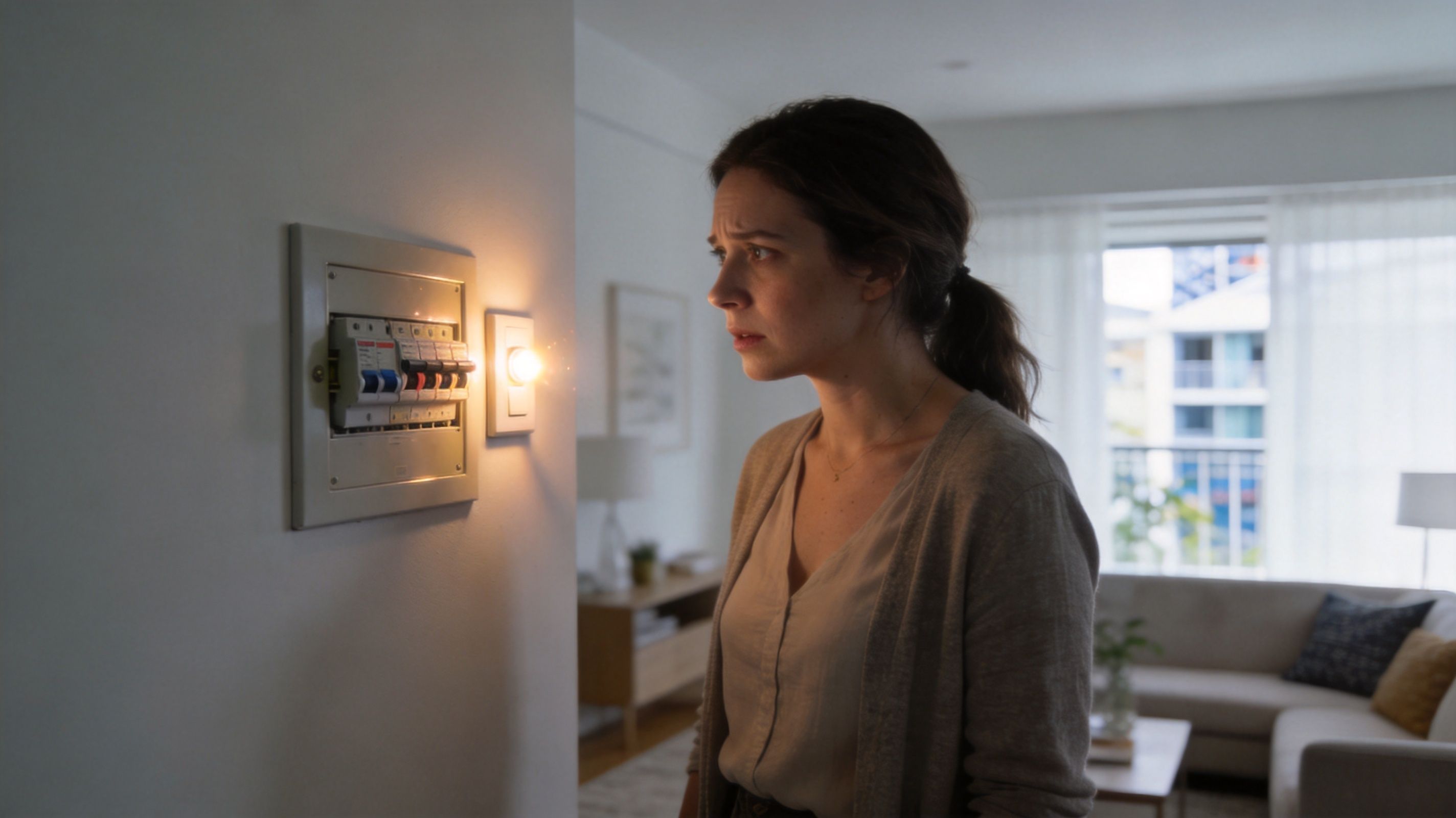 A Concerned Woman Standing In Her Home Looking At An Electrical Circuit Breaker Panel On The Wall.