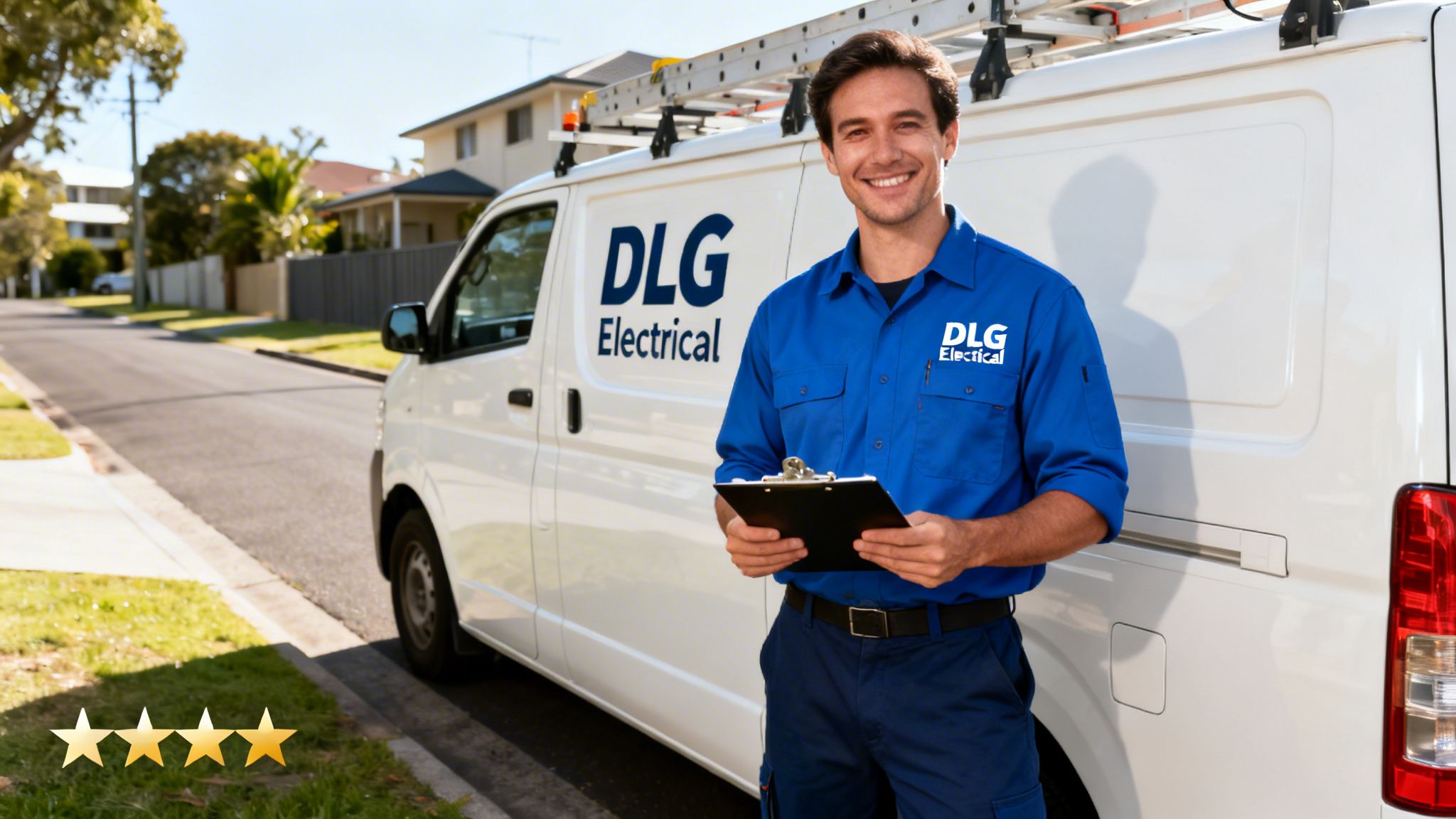 Smiling Electrician In Blue Uniform Stands By Dlg Electrical Van, Holding Clipboard, With 4-Star Rating.