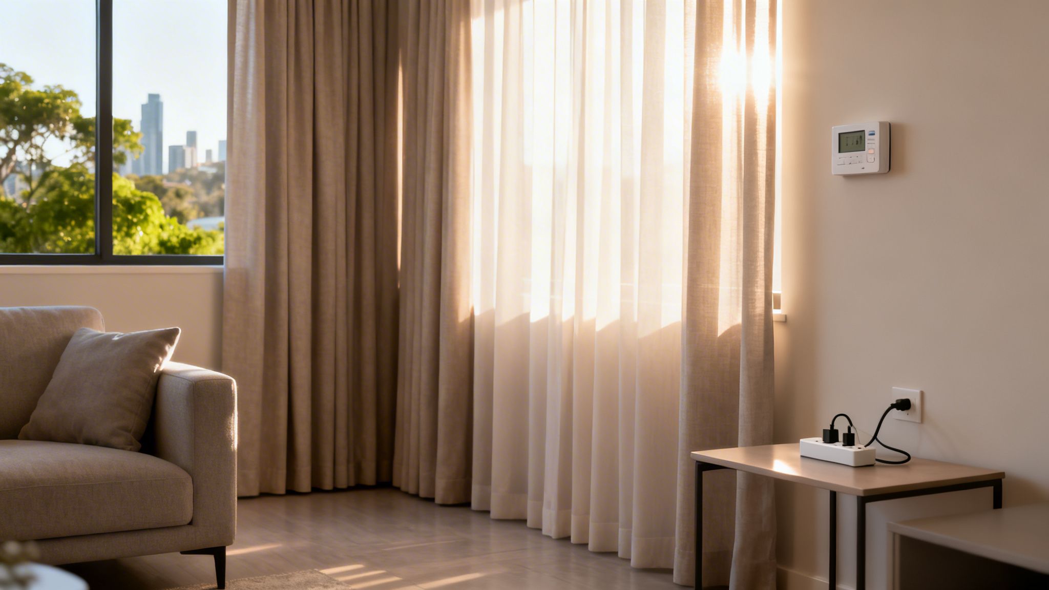 A Bright Living Room With A Beige Couch, Sheer Curtains, City View, And Thermostat.