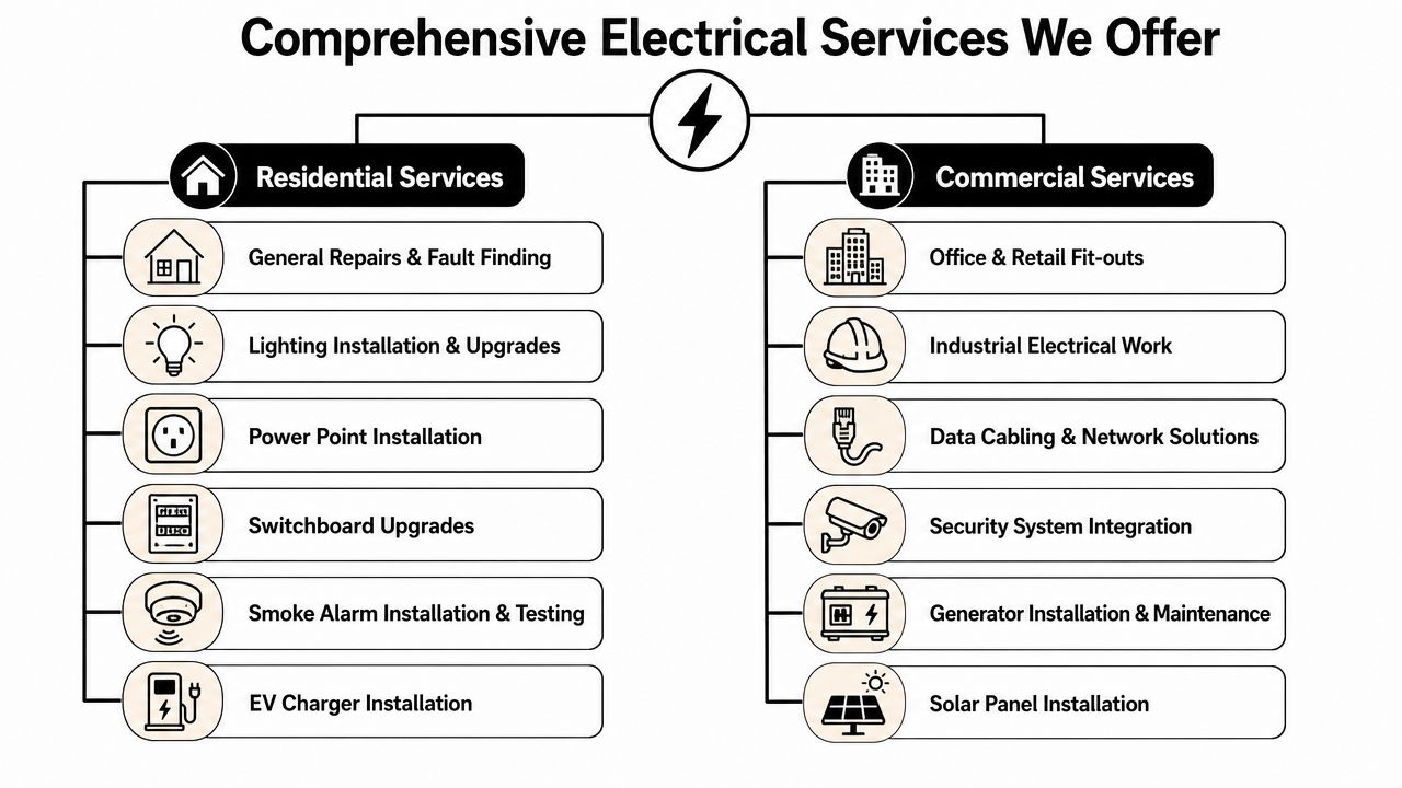 A Diagram Outlining Comprehensive Residential And Commercial Electrical Services Provided By A Professional Electrical Company.