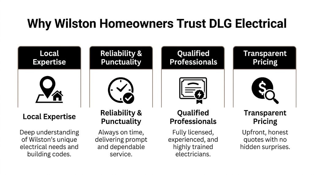 An Infographic Highlighting Four Reasons Why Wilston Homeowners Trust Dlg Electrical, Including Expertise, Punctuality, And Transparent Pricing.