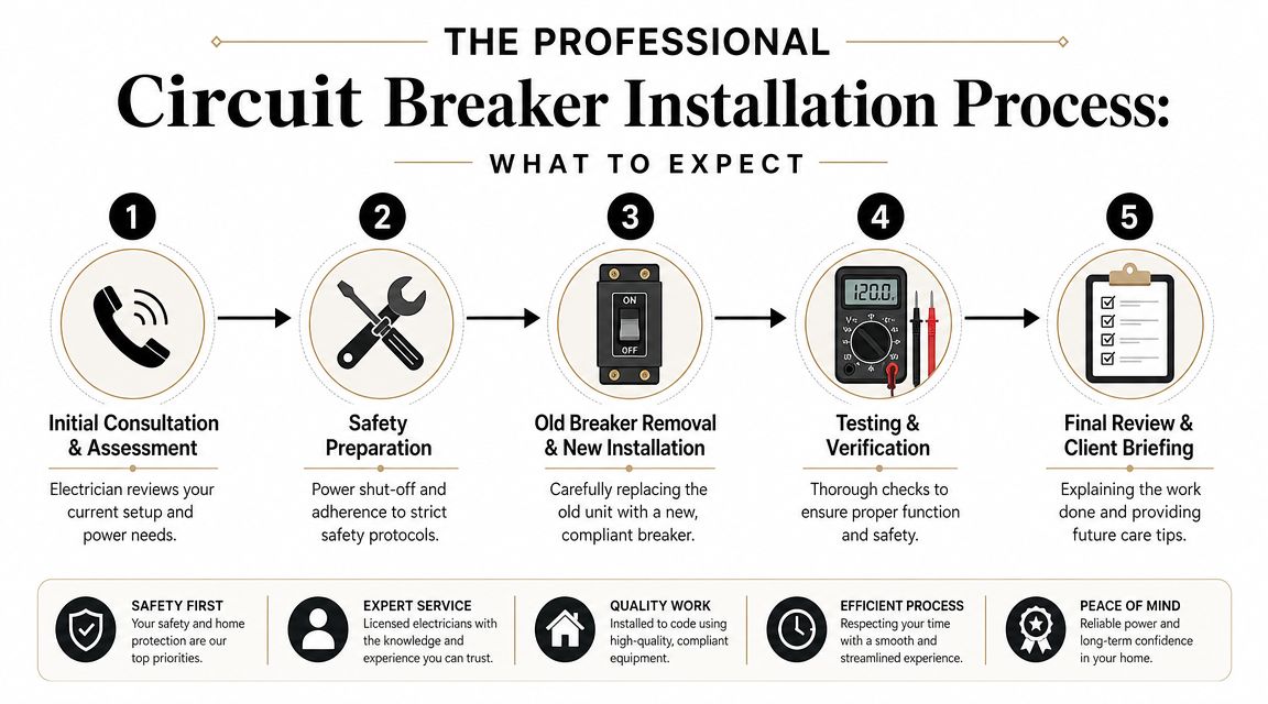 A Five-Step Infographic Showing The Professional Circuit Breaker Installation Process From Initial Consultation To Final Review.