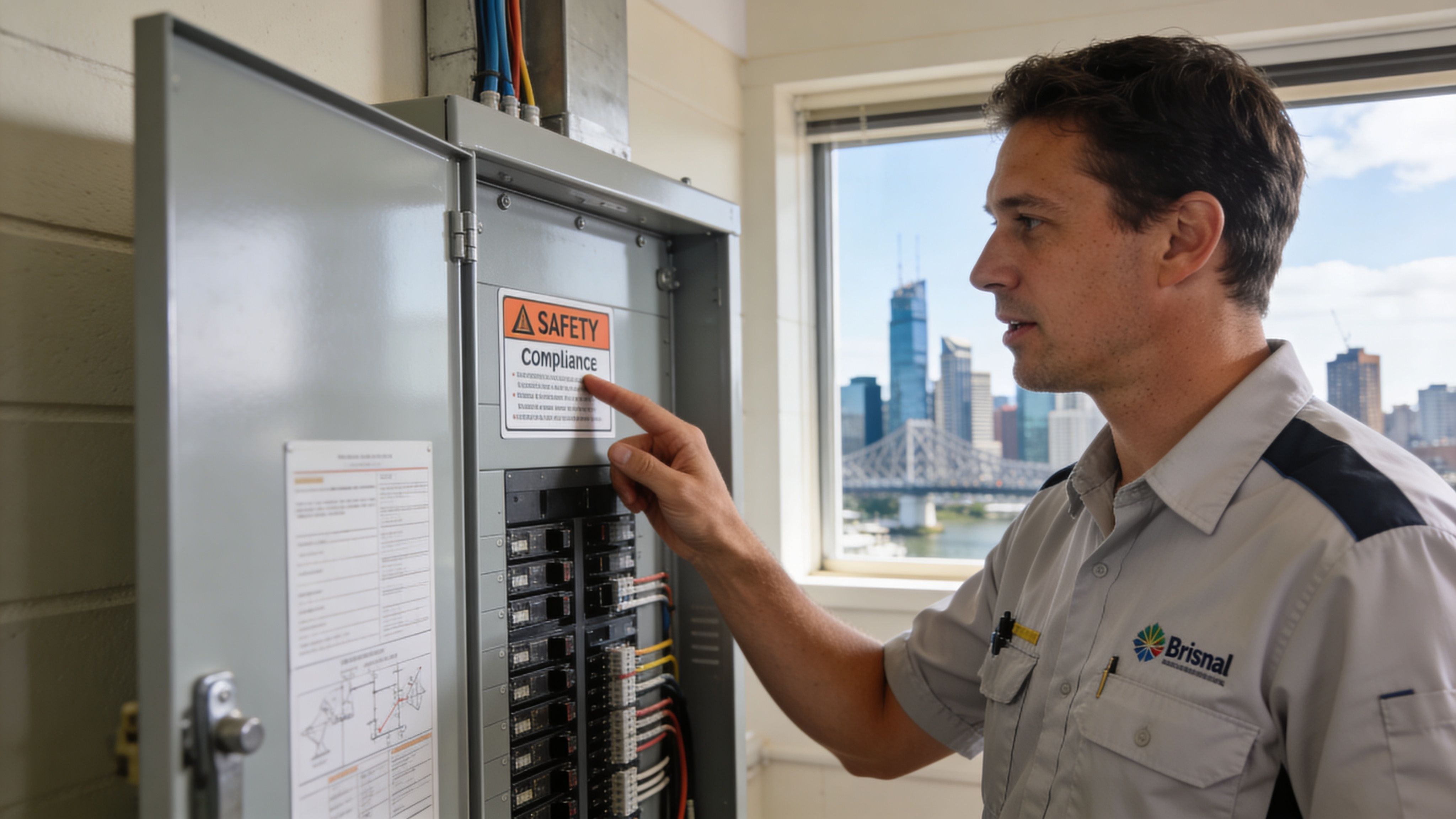 A Professional Electrician Inspecting A Modern Electrical Switchboard Panel In A Bright Room Overlooking City Buildings.