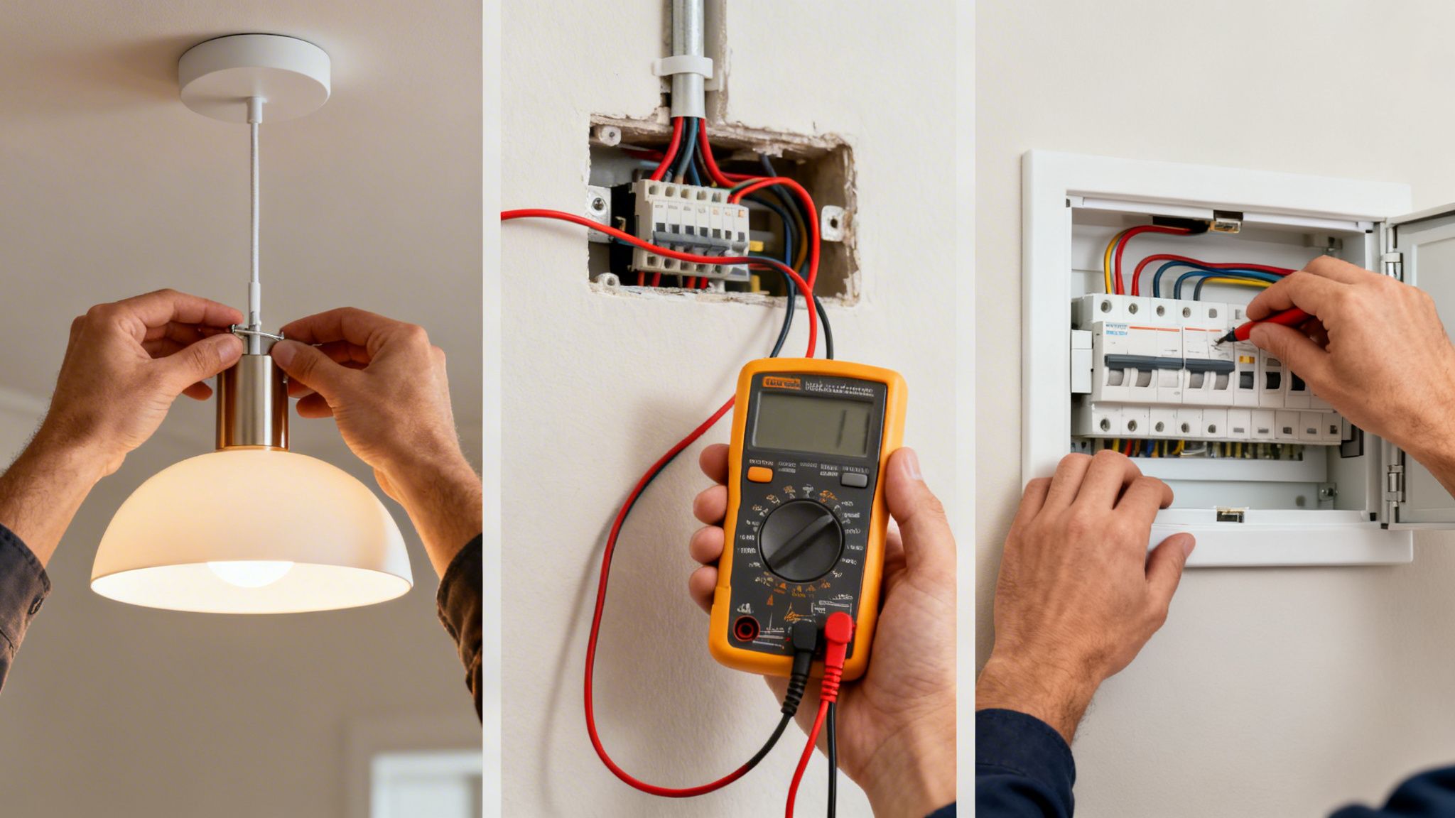 Hands Installing A Light Fixture, Using A Multimeter On Electrical Wiring, And Working With A Circuit Breaker Panel.